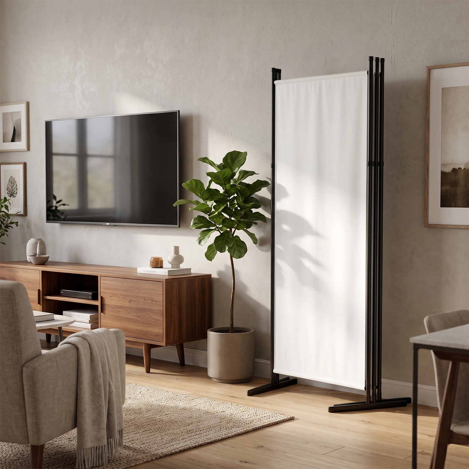 3-Fold Foldable Screen 160g Plastic Feet Polyester Fabric Carbon Steel Frame Room Divider 6FT Off-White view 13