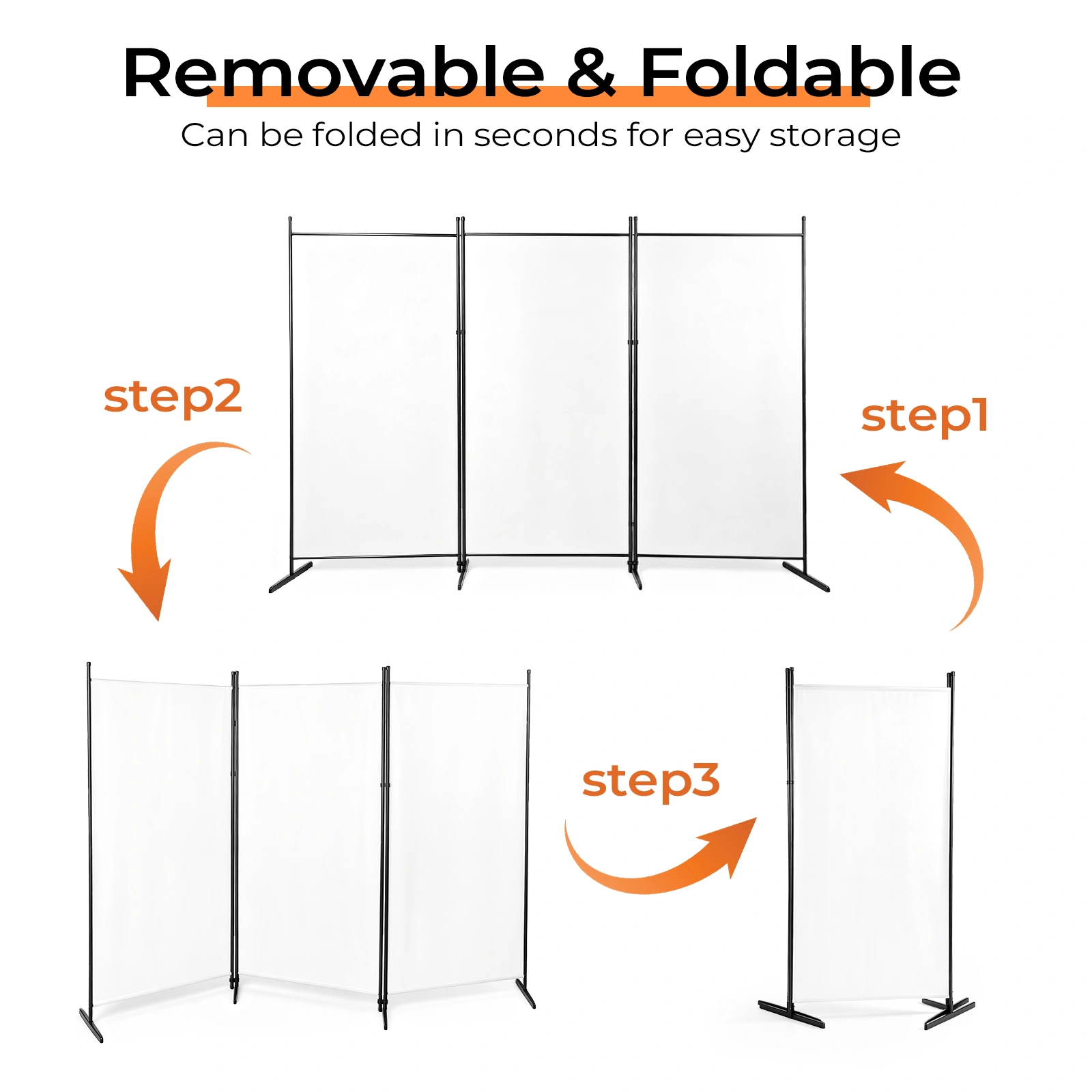 3-Fold Foldable Screen 160g Plastic Feet Polyester Fabric Carbon Steel Frame Room Divider 6FT Off-White view 7