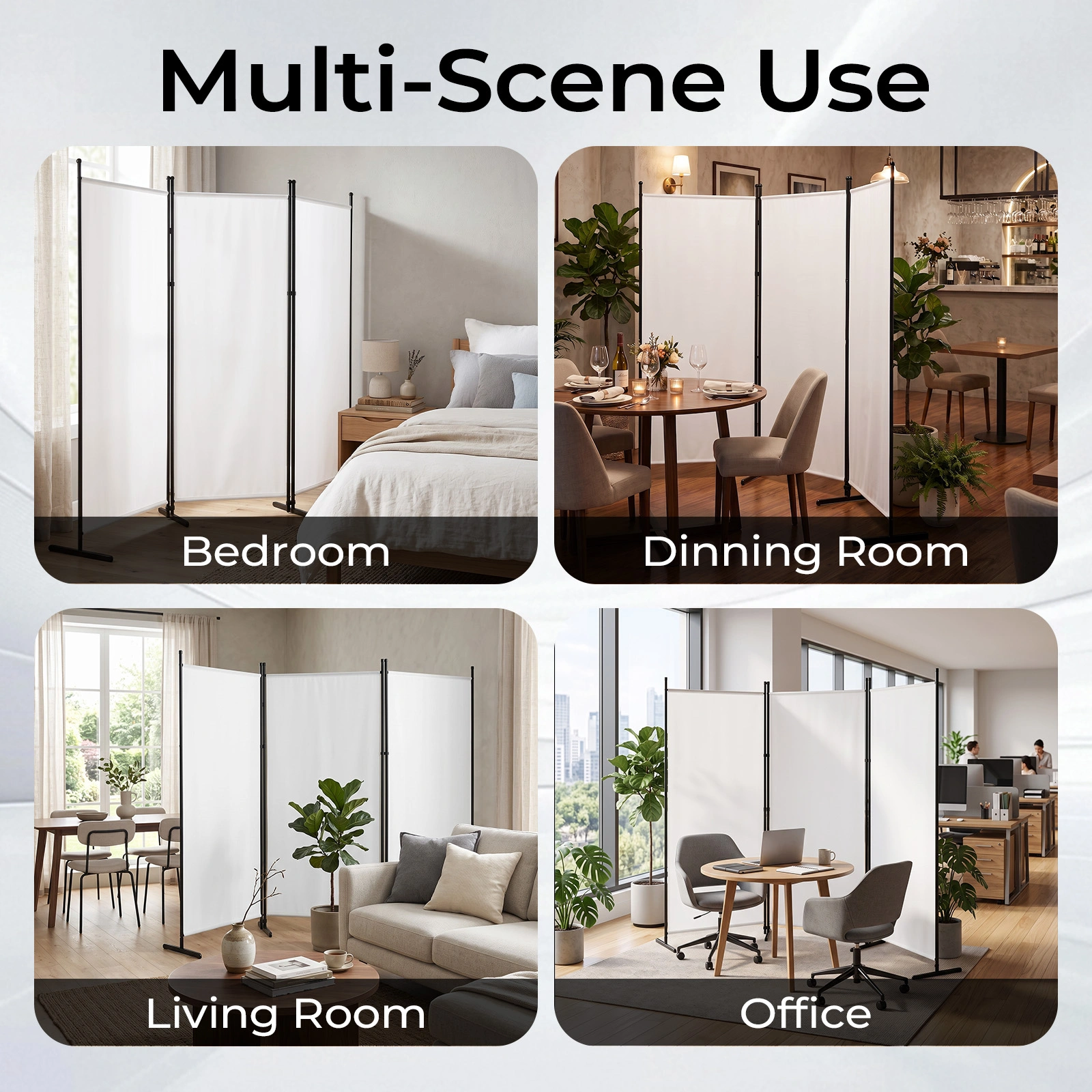 3-Fold Foldable Screen 160g Plastic Feet Polyester Fabric Carbon Steel Frame Room Divider 6FT Off-White view 9