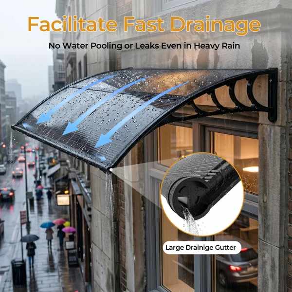 Awning for Door Entrance with Drainage Sink, 40x40 Inch Window Canopy Exterior, UV Rain Snow Protection for House Porch Patio Deck, Black Bracket & Brown Board view 4