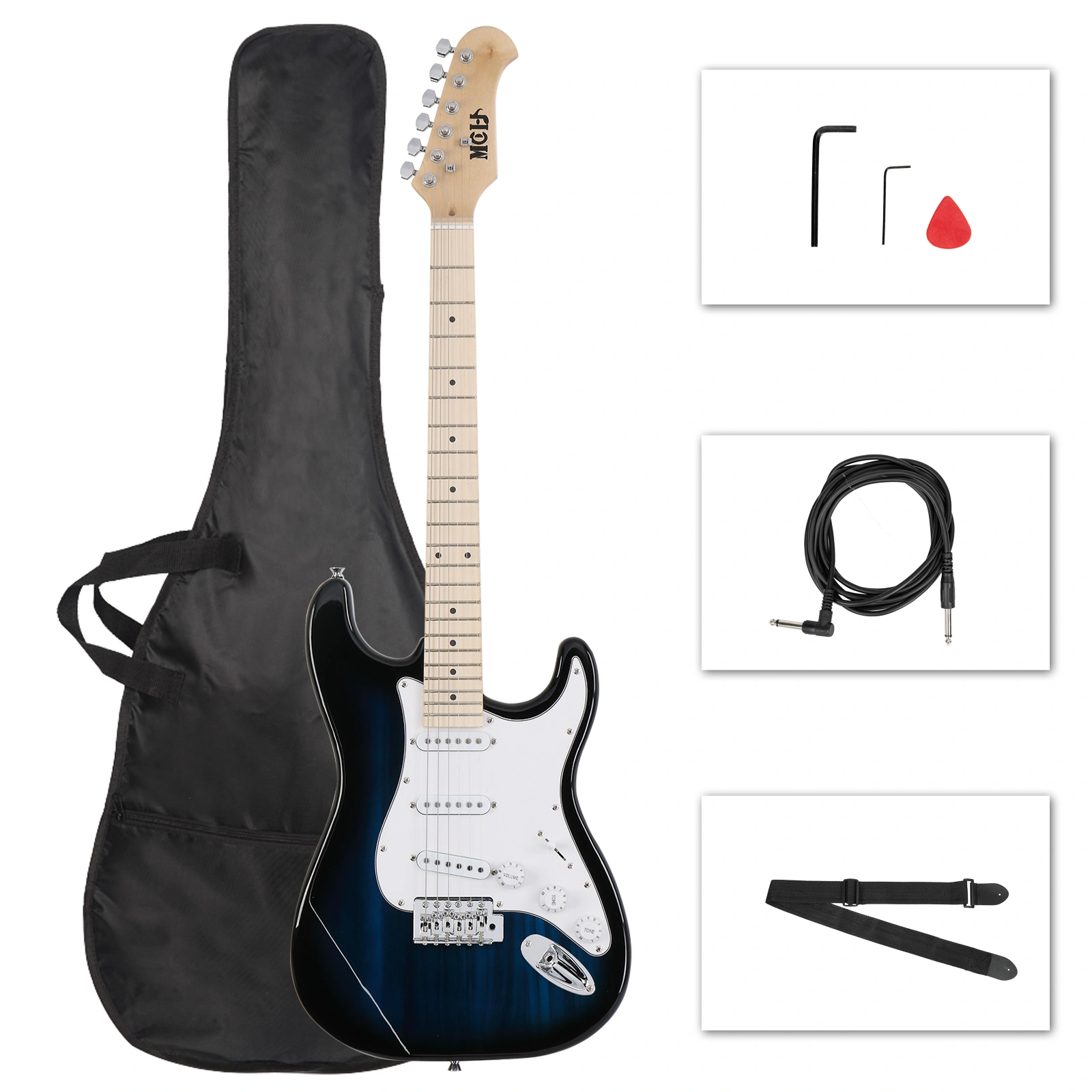 MST Electric Guitar with Maple Fingerboard & Case, Blue Body with White Pickguard