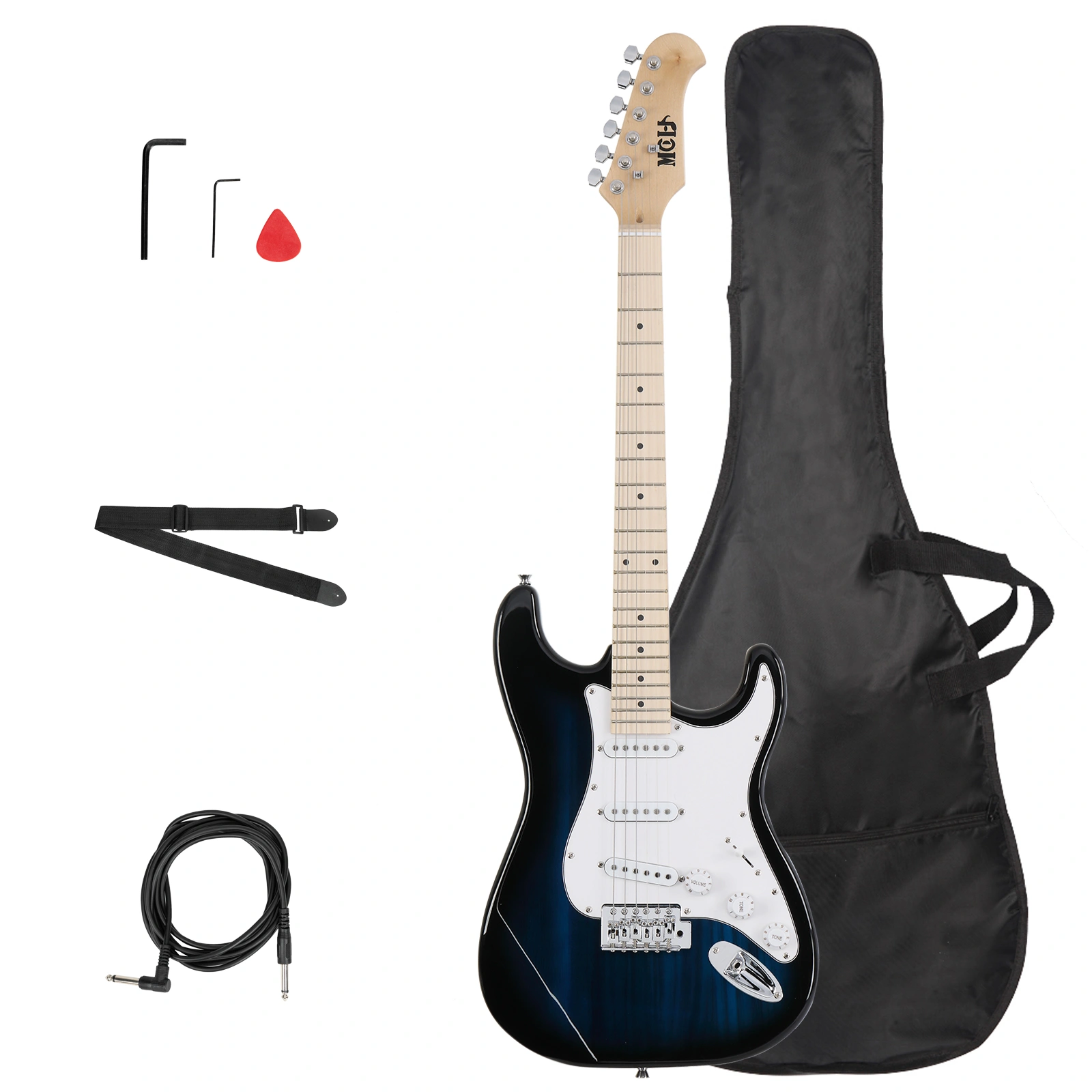 MST Electric Guitar with Maple Fingerboard & Case, Blue Body with White Pickguard view 2