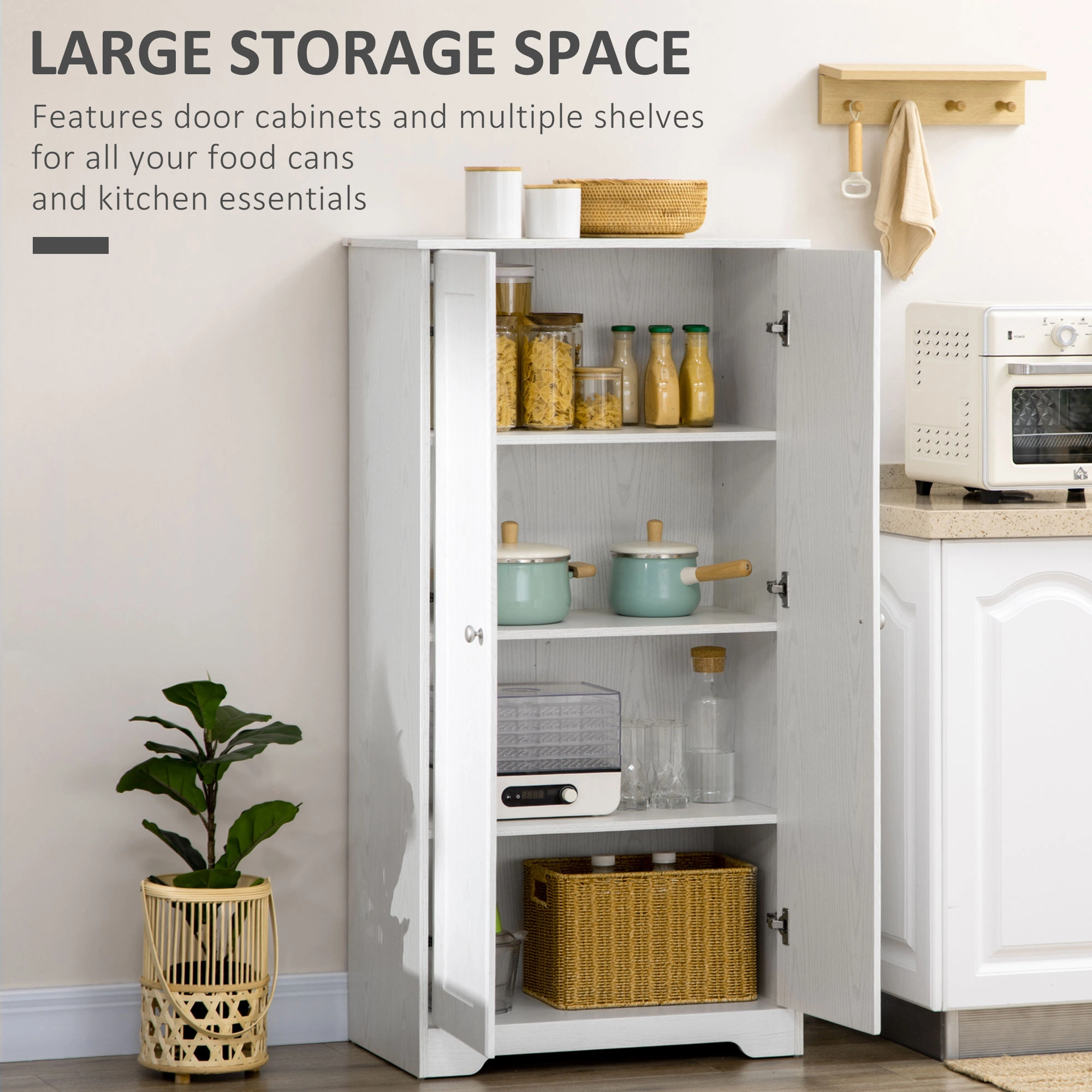 3-Door Kitchen Storage Cabinet with Shelves & Drawers, Freestanding Cupboard for Dishware & Cookware, 29.5"W x 15"D x 36"H, White Wood view 3
