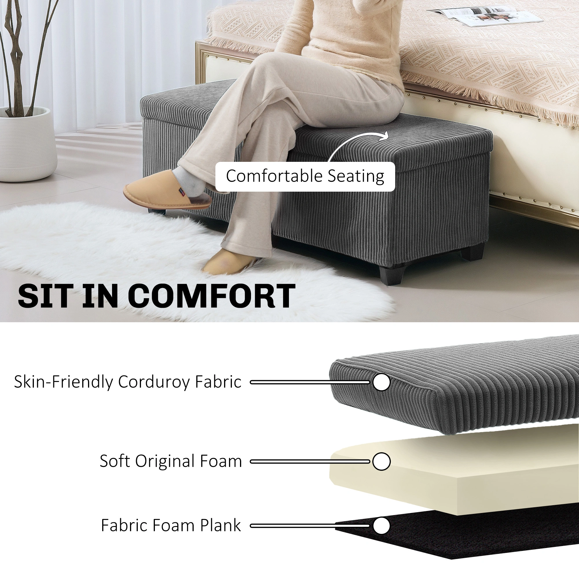 Upholstered Storage Ottoman, Cube Footrest Bench with Lid, Soft Seating Stool, Home Organization Accent view 4