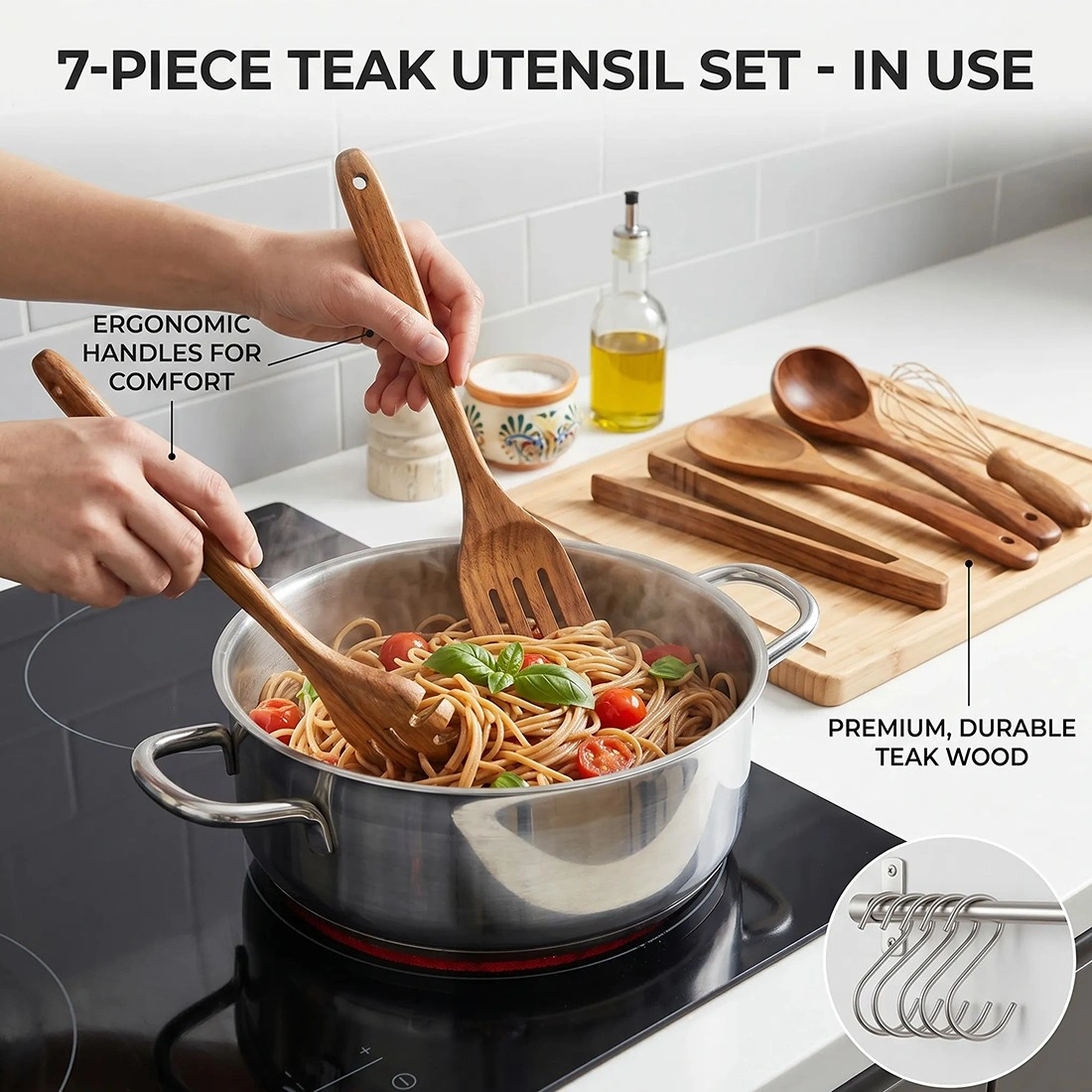 7PCS Wooden Cooking Utensils Set, Wooden Spoons Kitchen Utensils for Pot Stirring view 5