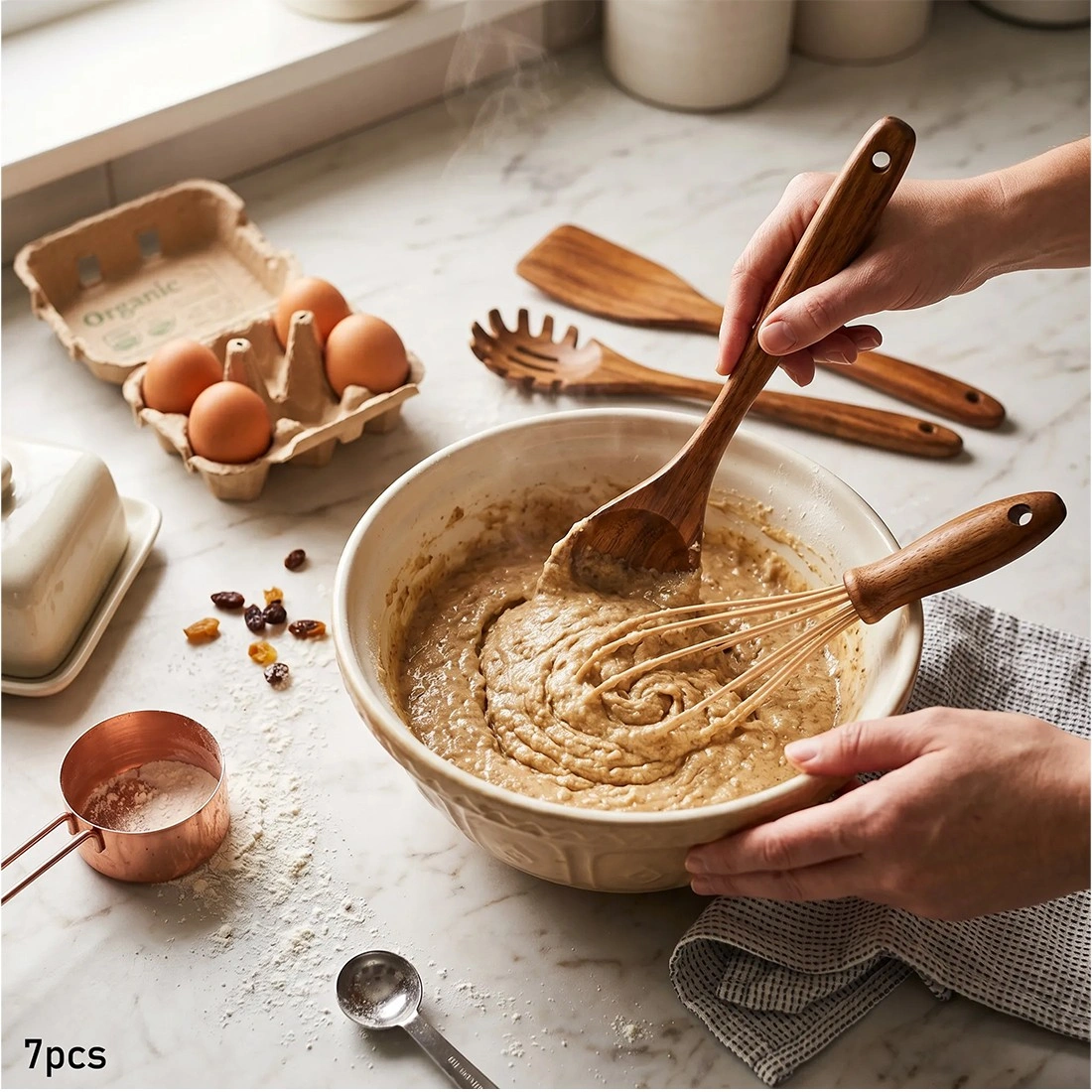 7PCS Wooden Cooking Utensils Set, Wooden Spoons Kitchen Utensils for Pot Stirring view 6