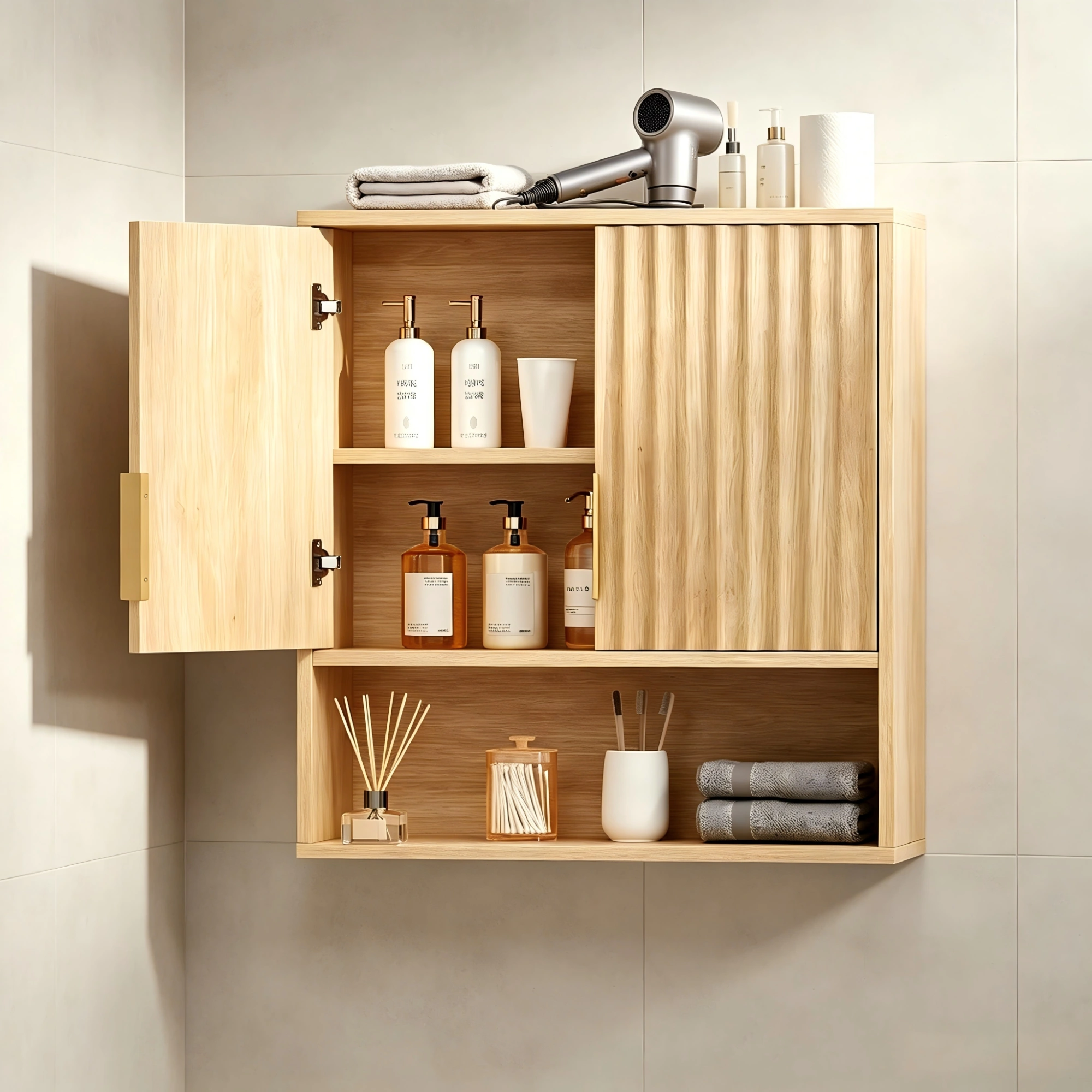 2-Door 3-Tier Slatted Bathroom Wall Cabinet 24.49"*22.83"*8.07 Oak view 12