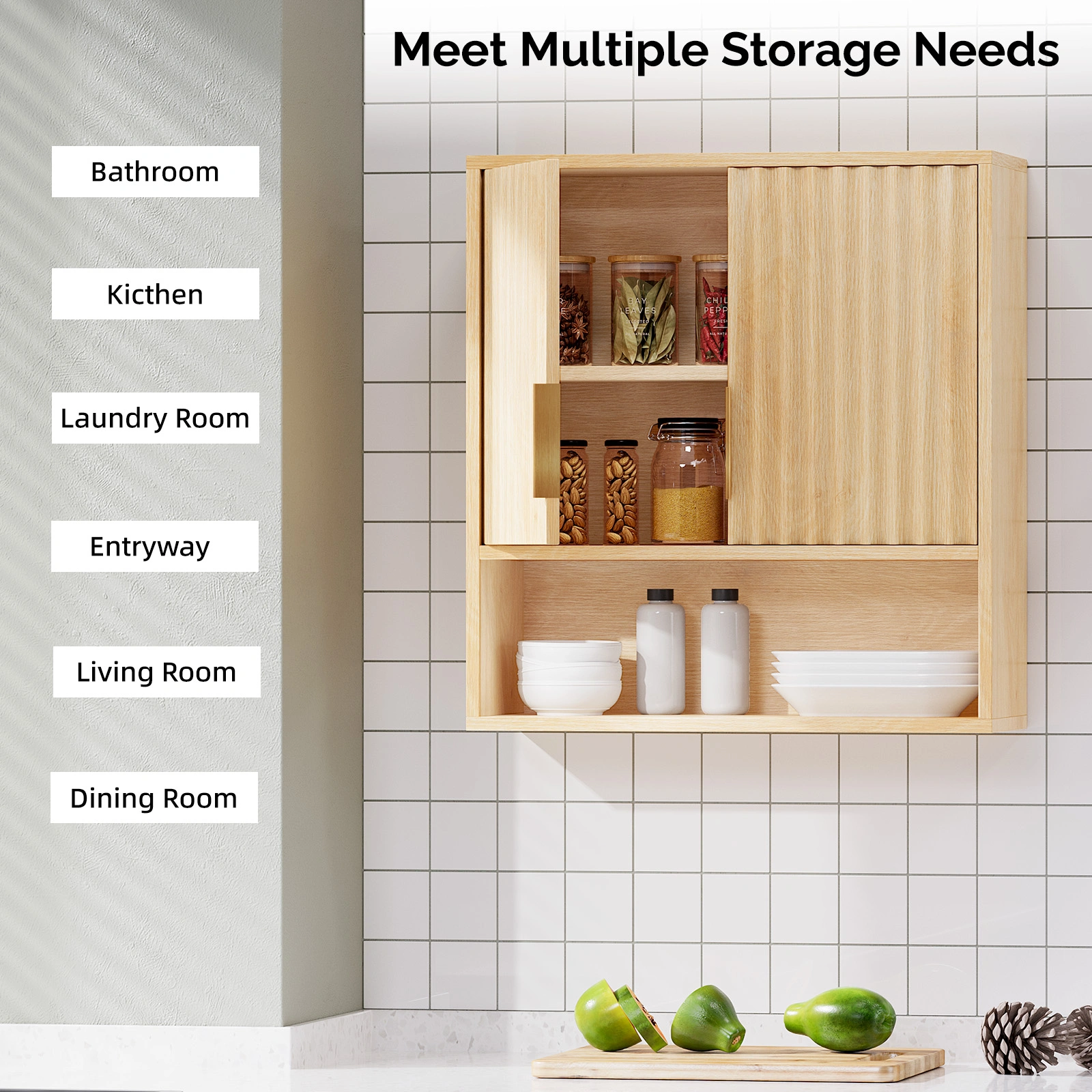 2-Door 3-Tier Slatted Bathroom Wall Cabinet 24.49"*22.83"*8.07 Oak view 6