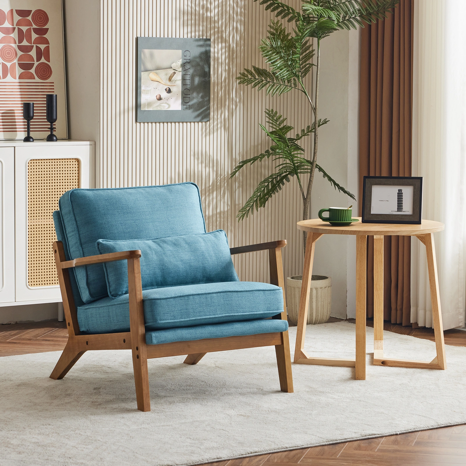 Mid-Century Accent Chair in Navy Blue Linen-Cotton Upholstery, Oak Wood Frame, 330 LBS Capacity, Sturdy Indoor Lounge Armchair view 3