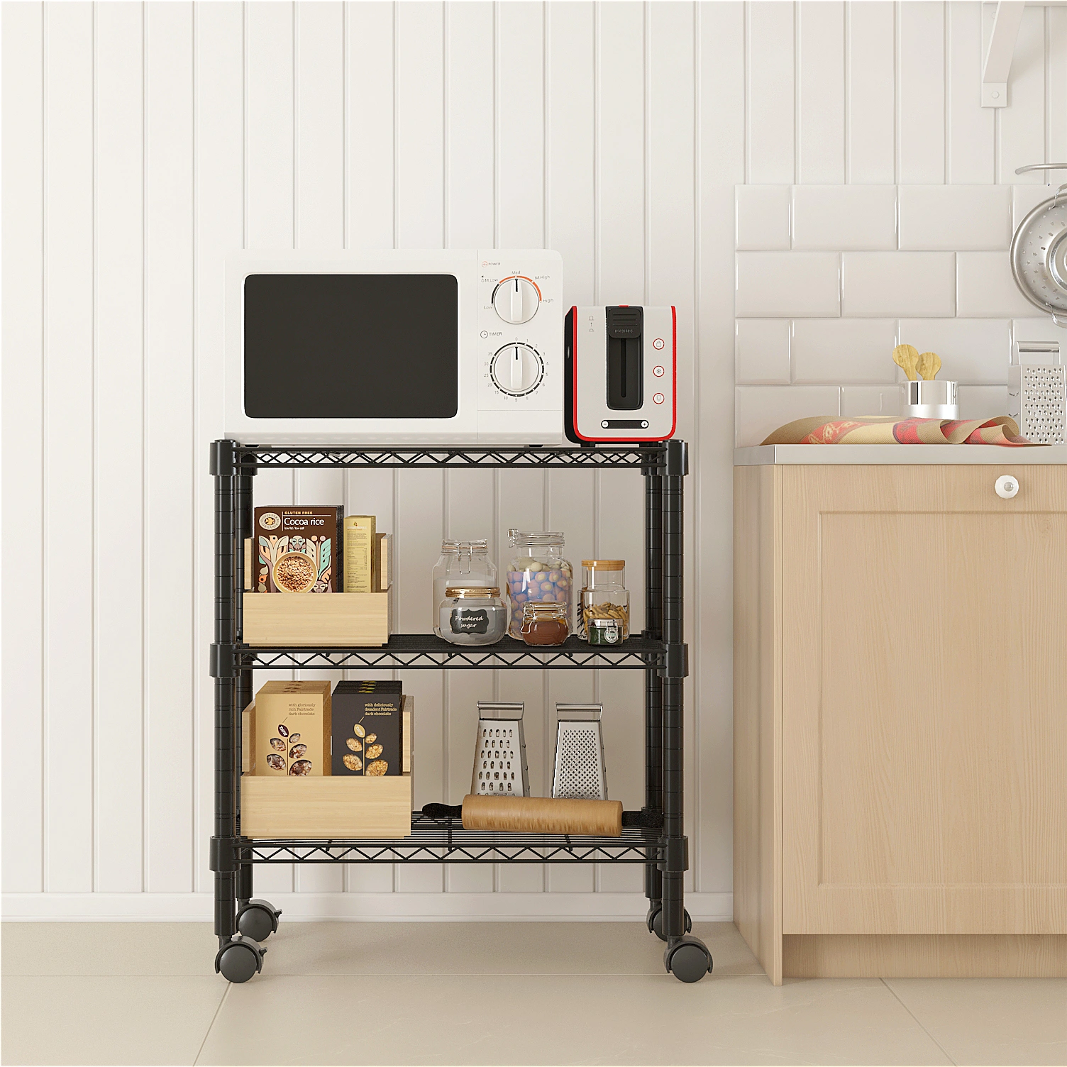 3-Tier Plastic-Coated Metal Shelving Unit 350x600x850mm, 1.5" Caster Wheels, Black Storage Rack