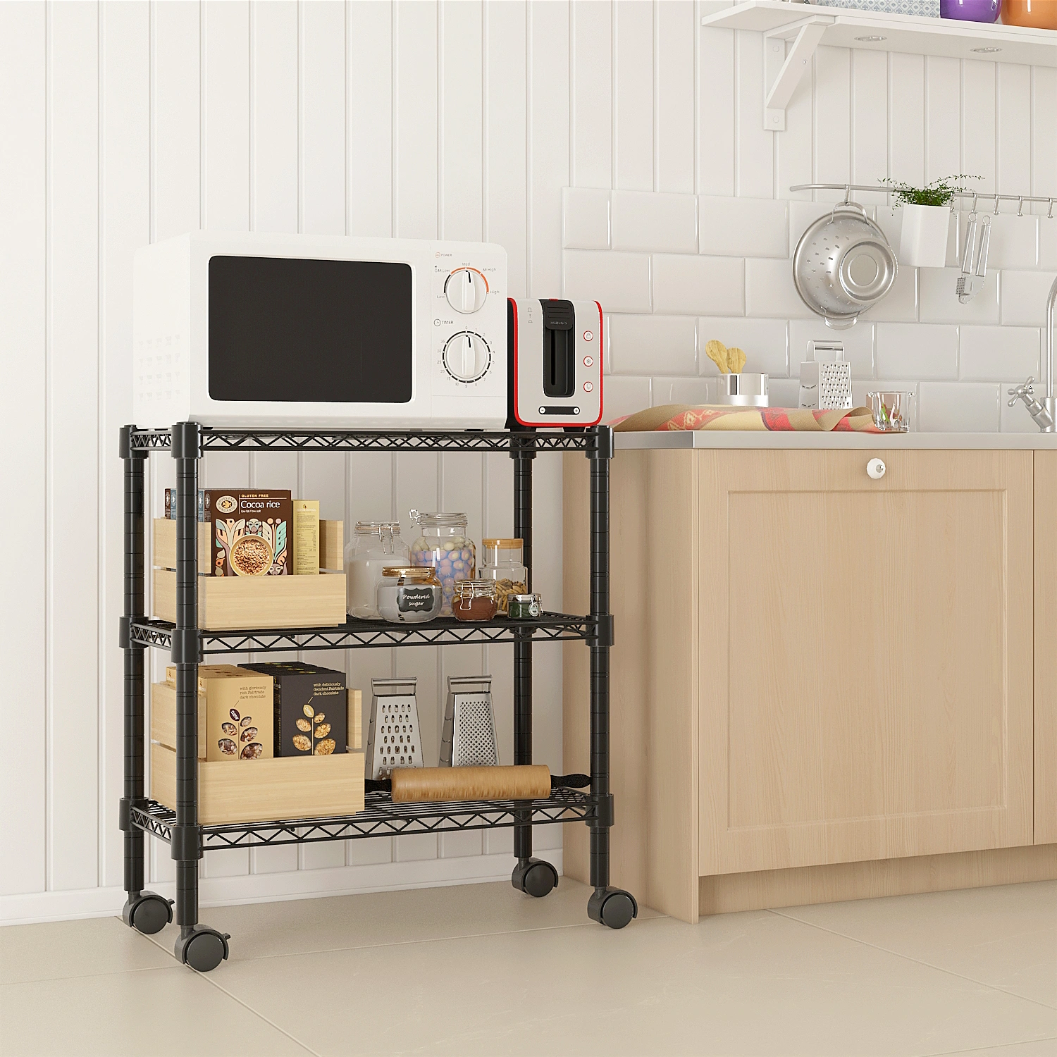 3-Tier Plastic-Coated Metal Shelving Unit 350x600x850mm, 1.5" Caster Wheels, Black Storage Rack view 2