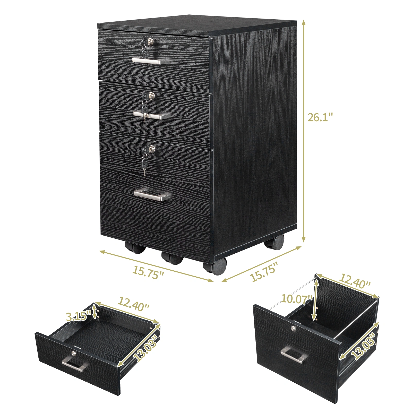 Black Wood Grain Density Board Three Drawers Wooden Filing Cabinet view 12