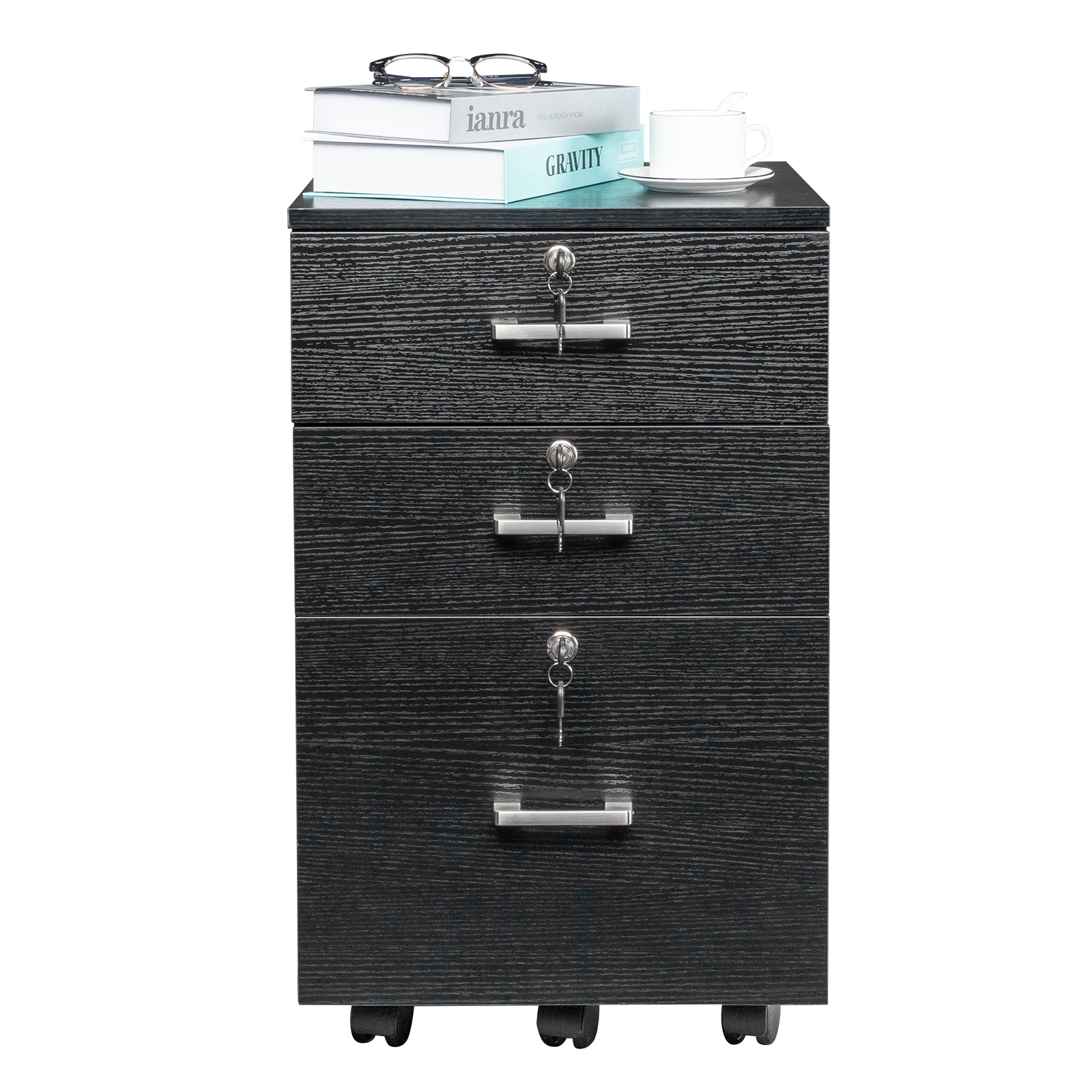 Black Wood Grain Density Board Three Drawers Wooden Filing Cabinet view 5