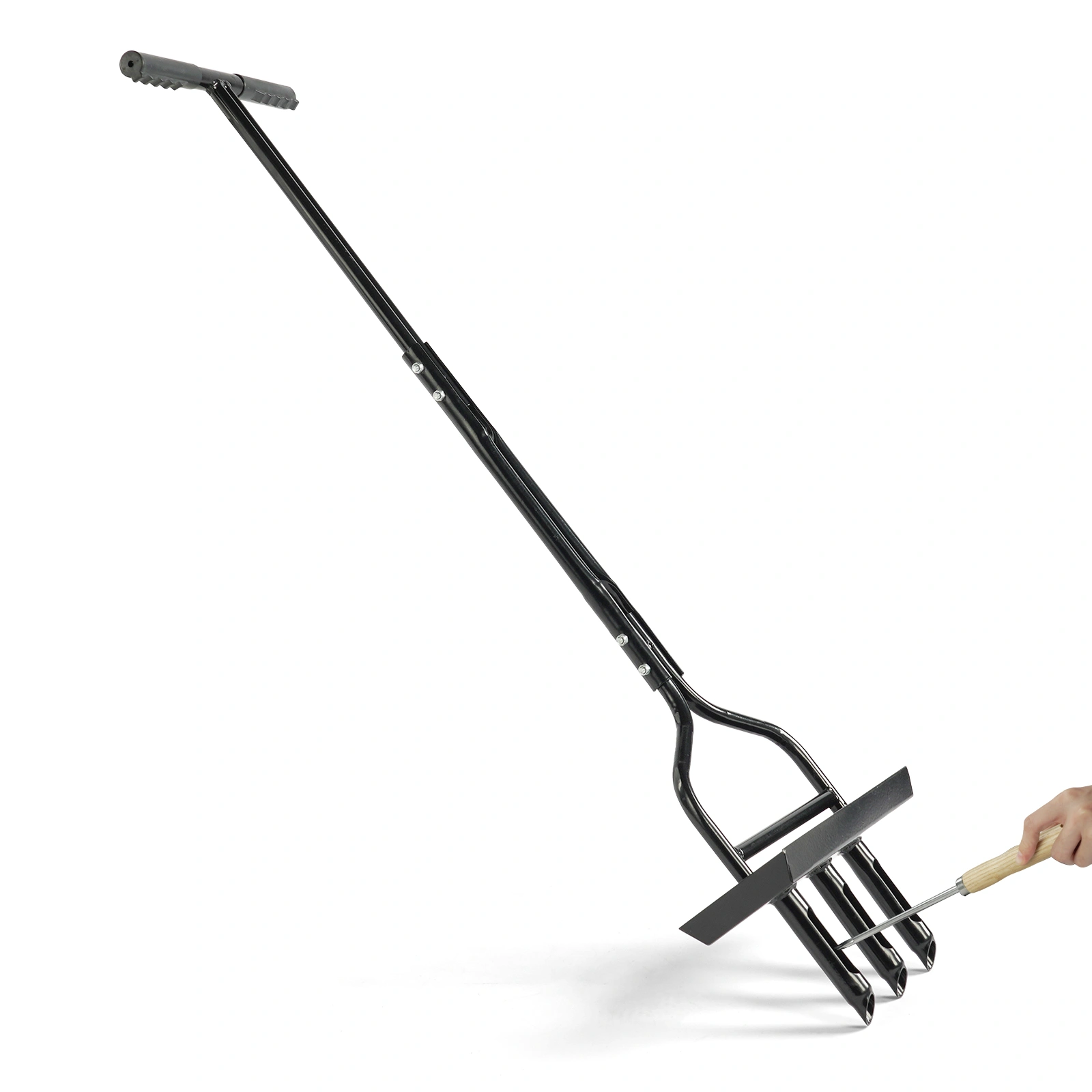 43in Lawn Aerator Garden Tool with Soil Core Tray, Manual Grass Plug Aerators & A Cleaning Tool, Coring Aeration Tools with 3 Tines for Gardening, Soil Compaction, Lawn Yard Care, Black