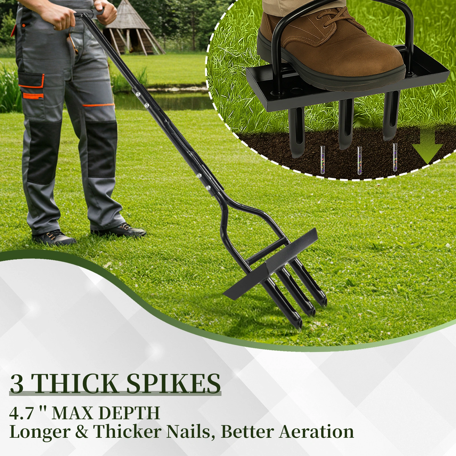 43in Lawn Aerator Garden Tool with Soil Core Tray, Manual Grass Plug Aerators & A Cleaning Tool, Coring Aeration Tools with 3 Tines for Gardening, Soil Compaction, Lawn Yard Care, Black view 16