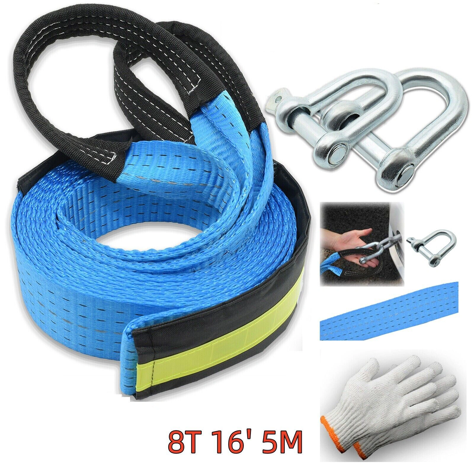 8T 16ft 5M Heavy Duty Tow Rope, High-Strength Recovery Strap with 2 Shackles & Chain, Road Rescue