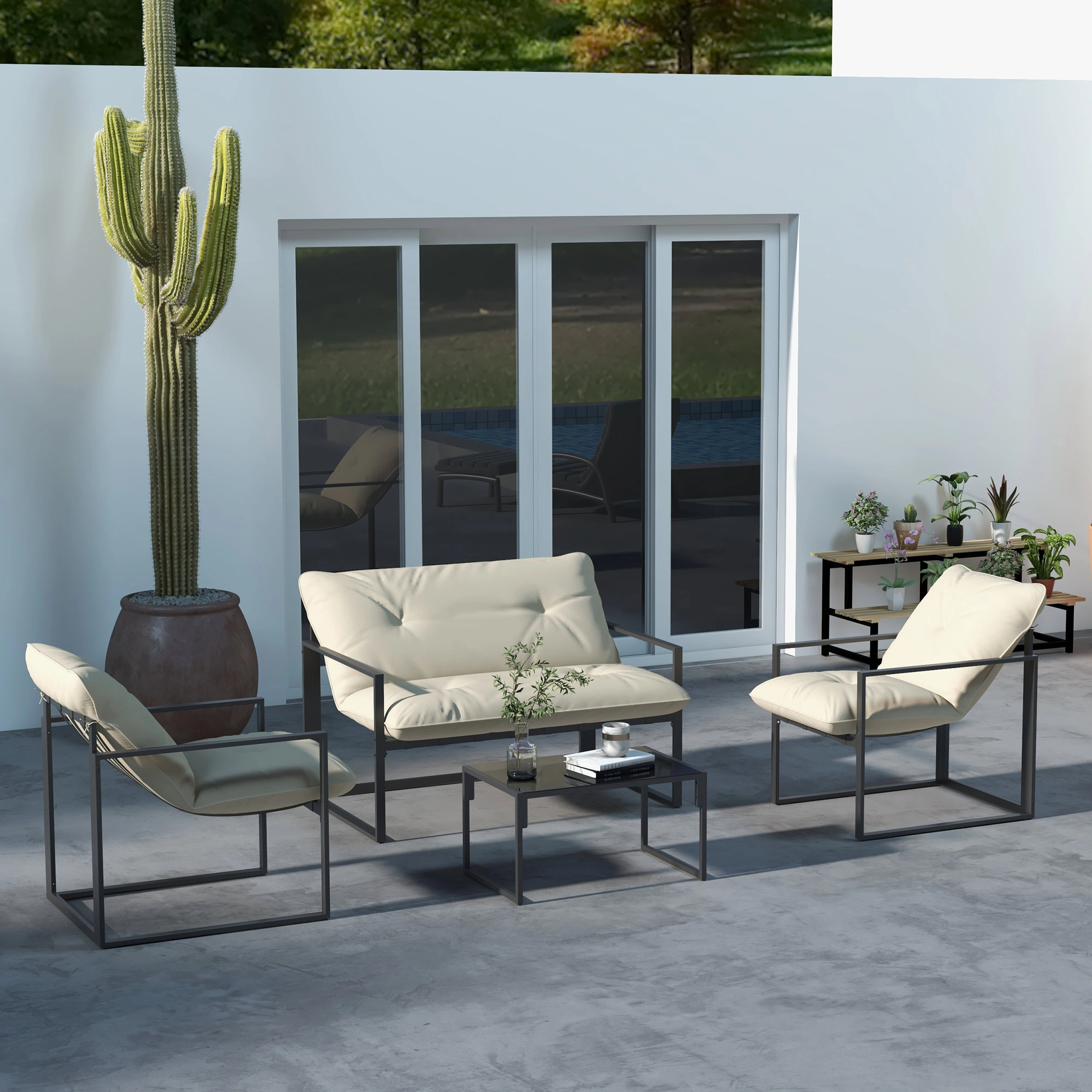 Outdoor Patio Furniture - All-Weather Wicker Rattan Conversation Set with Glass Table