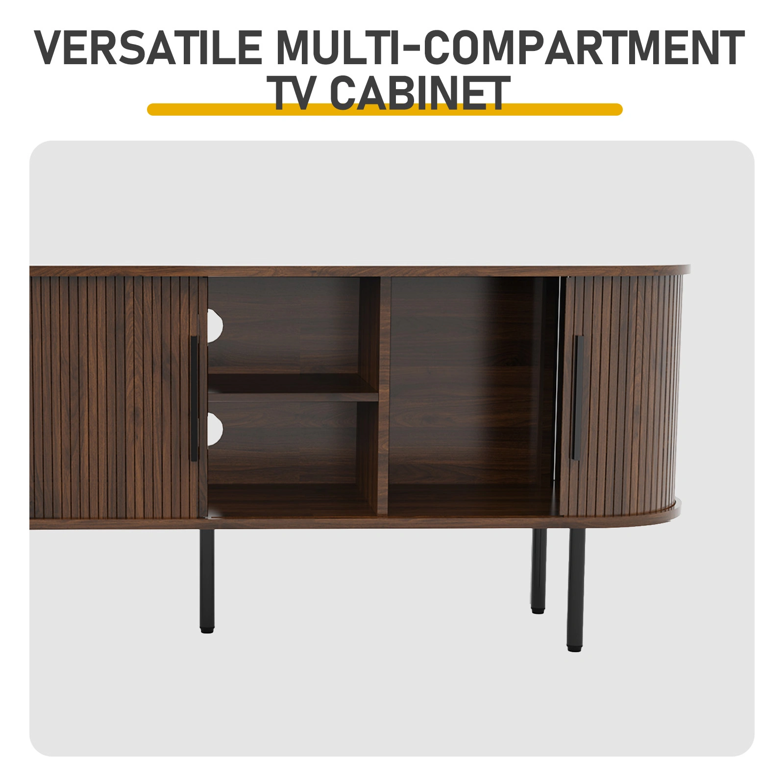 Walnut Embossed Particle Board TV Stand, Oval Tabletop 147×35×58cm, Modern Entertainment Center with Sliding Grid Doors, Media Console Cabinet for Living Room Bedroom view 10