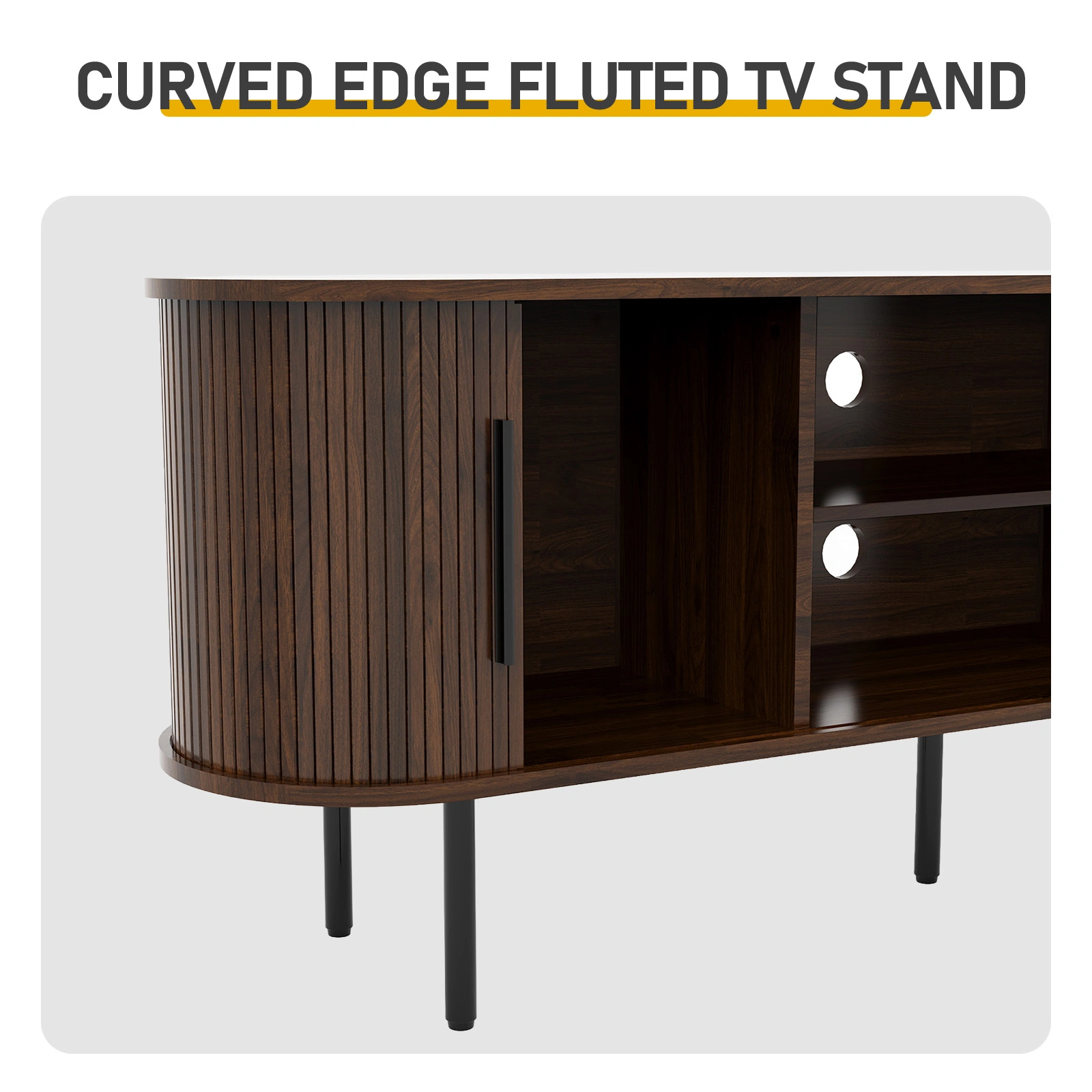 Walnut Embossed Particle Board TV Stand, Oval Tabletop 147×35×58cm, Modern Entertainment Center with Sliding Grid Doors, Media Console Cabinet for Living Room Bedroom view 11
