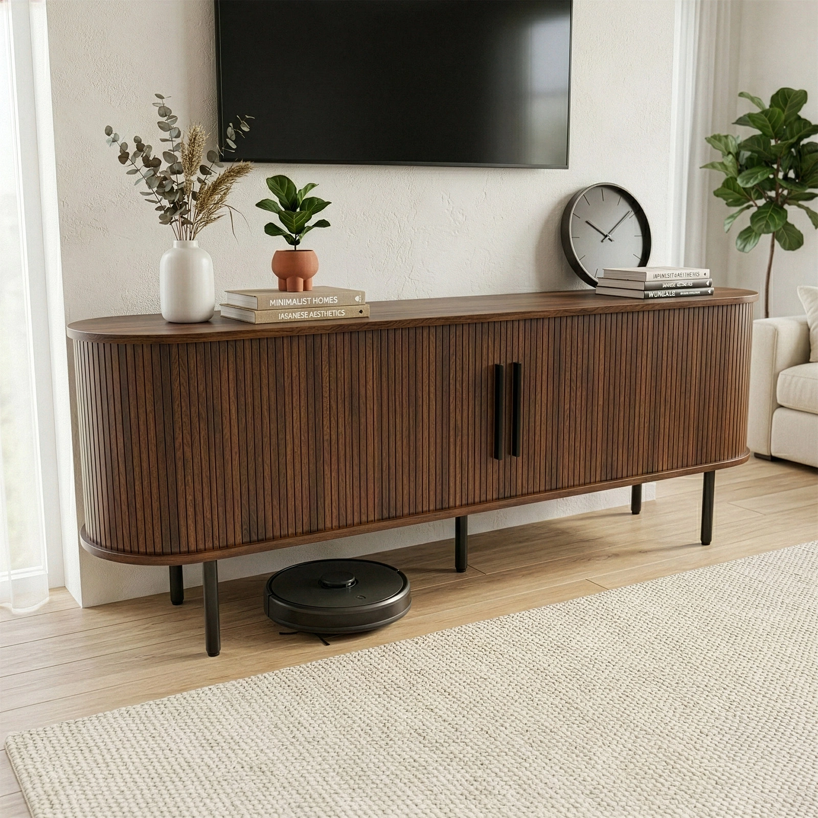 Walnut Embossed Particle Board TV Stand, Oval Tabletop 147×35×58cm, Modern Entertainment Center with Sliding Grid Doors, Media Console Cabinet for Living Room Bedroom view 3