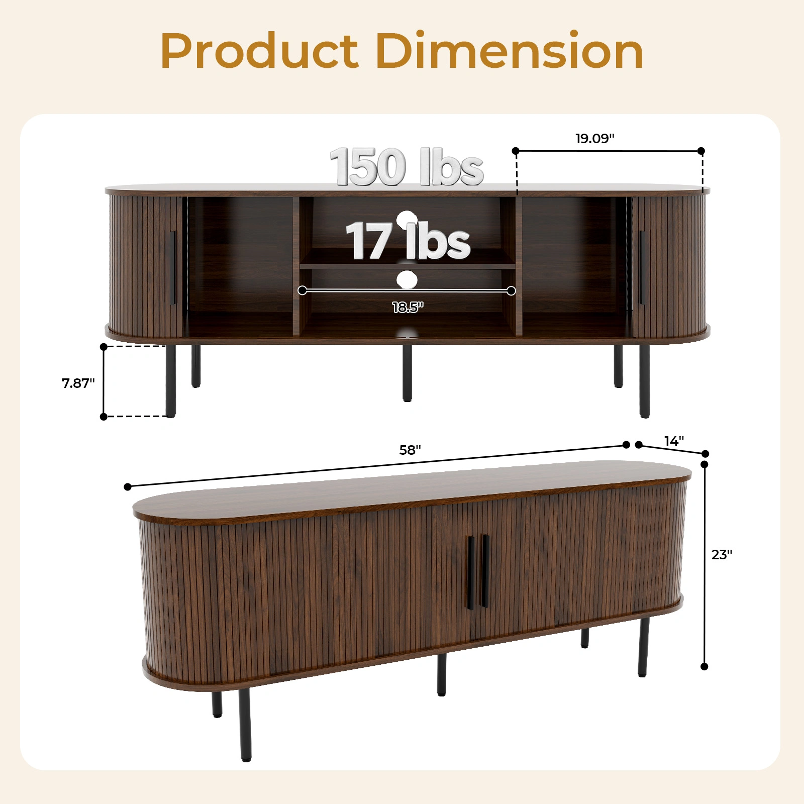 Walnut Embossed Particle Board TV Stand, Oval Tabletop 147×35×58cm, Modern Entertainment Center with Sliding Grid Doors, Media Console Cabinet for Living Room Bedroom view 9