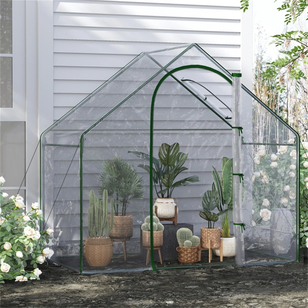 Mini Walk-in Greenhouse 10x10 ft, Heavy Duty Plant Growing Tent with Roll-up Sides, Double Door Design, Sturdy Steel Frame for Outdoor Garden