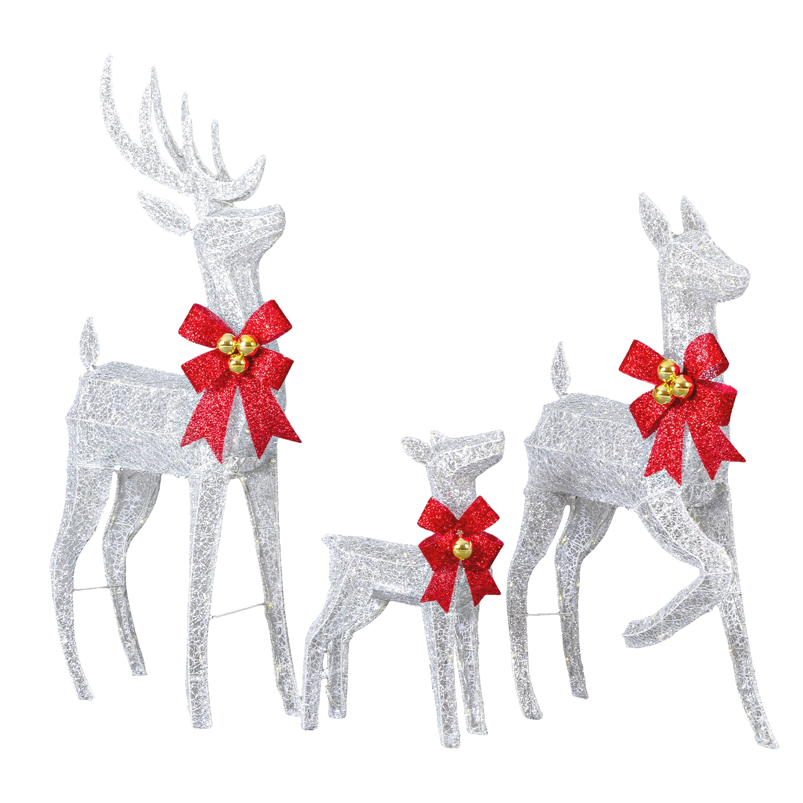 3-Piece Lighted Christmas Reindeer Family Set, 4FT Weather Proof Rattan Deer Decorations with 210 Warm White LED Lights, Outdoor Indoor Holiday Home Ornament, Silver