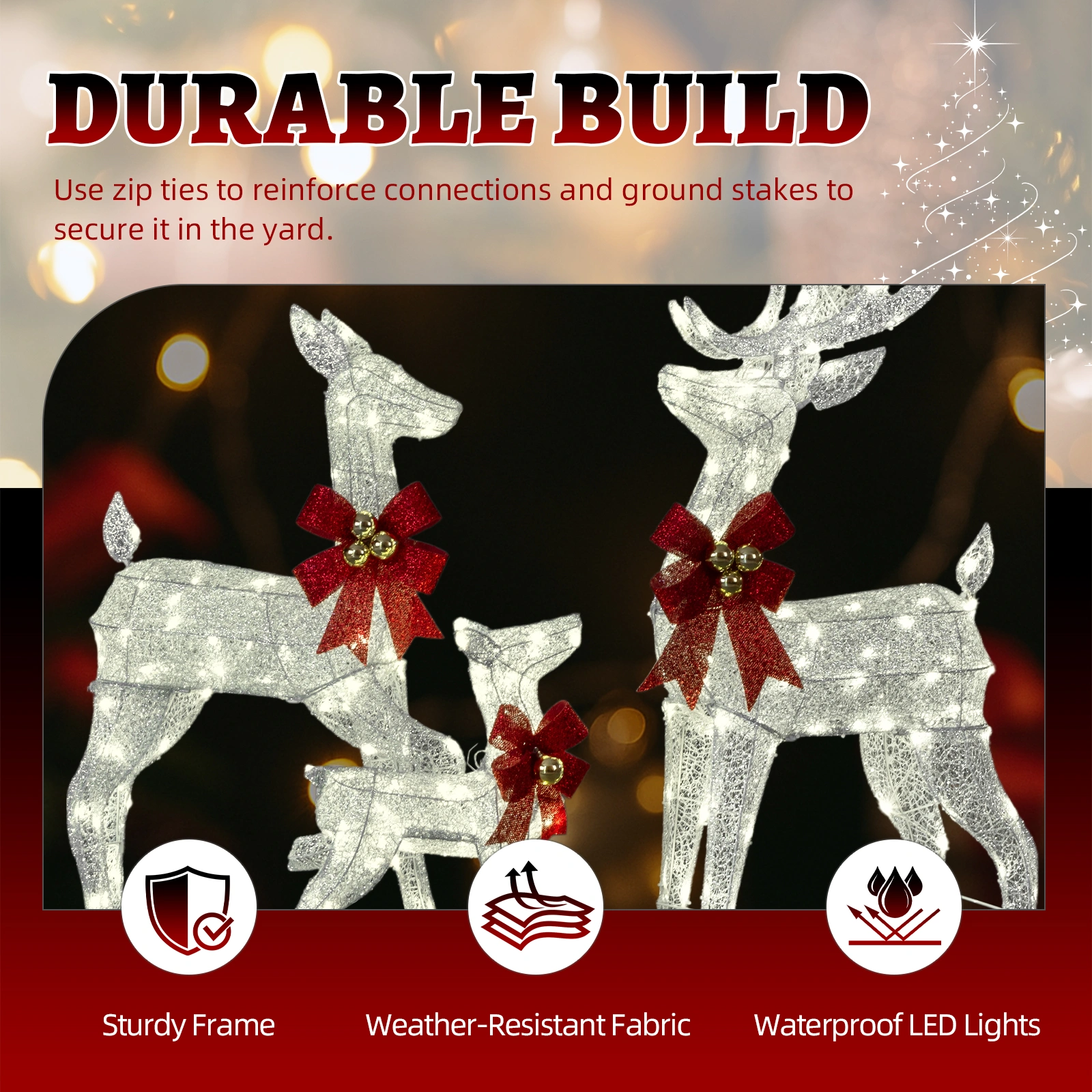3-Piece Lighted Christmas Reindeer Family Set, 4FT Weather Proof Rattan Deer Decorations with 210 Warm White LED Lights, Outdoor Indoor Holiday Home Ornament, Silver view 3