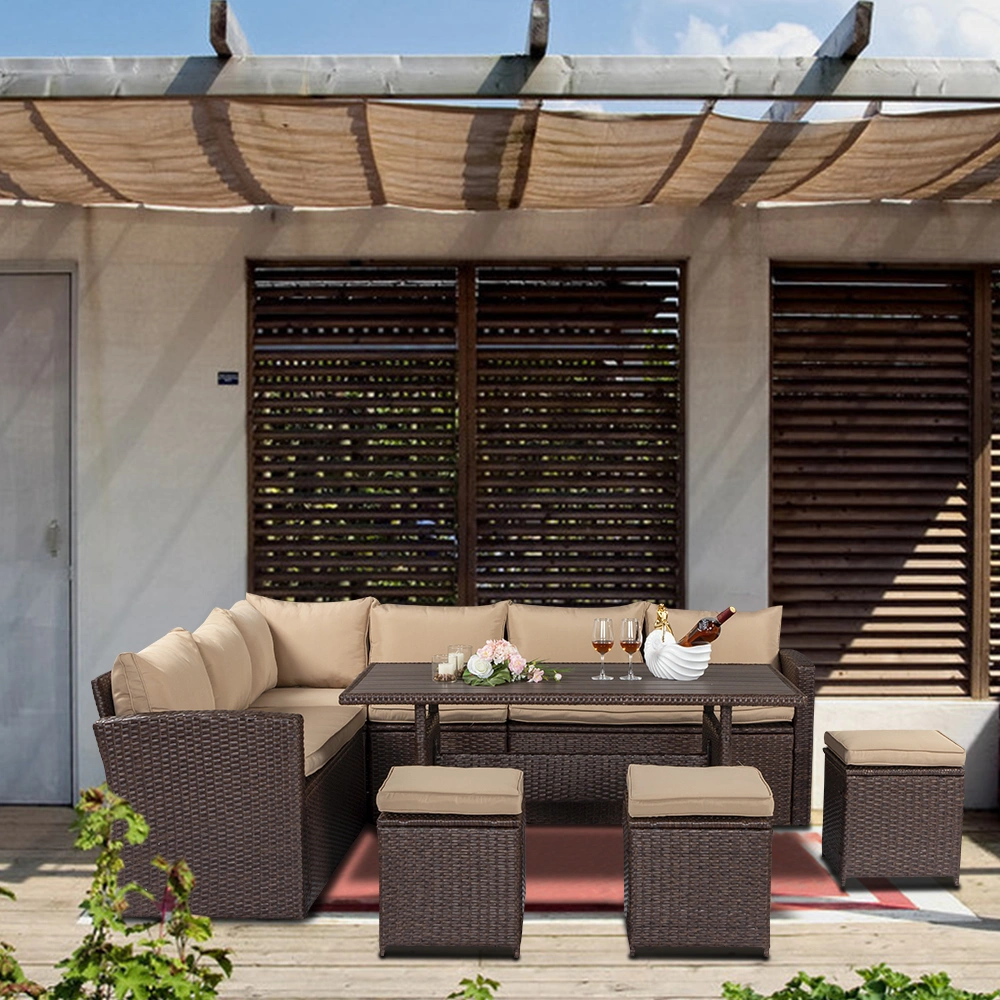 Outdoor 8-Piece Rattan Dining Set Brown Wood Grain, Khaki Cushion Chairs & Plastic Wood Table, 4 Boxes, Package-2 view 3