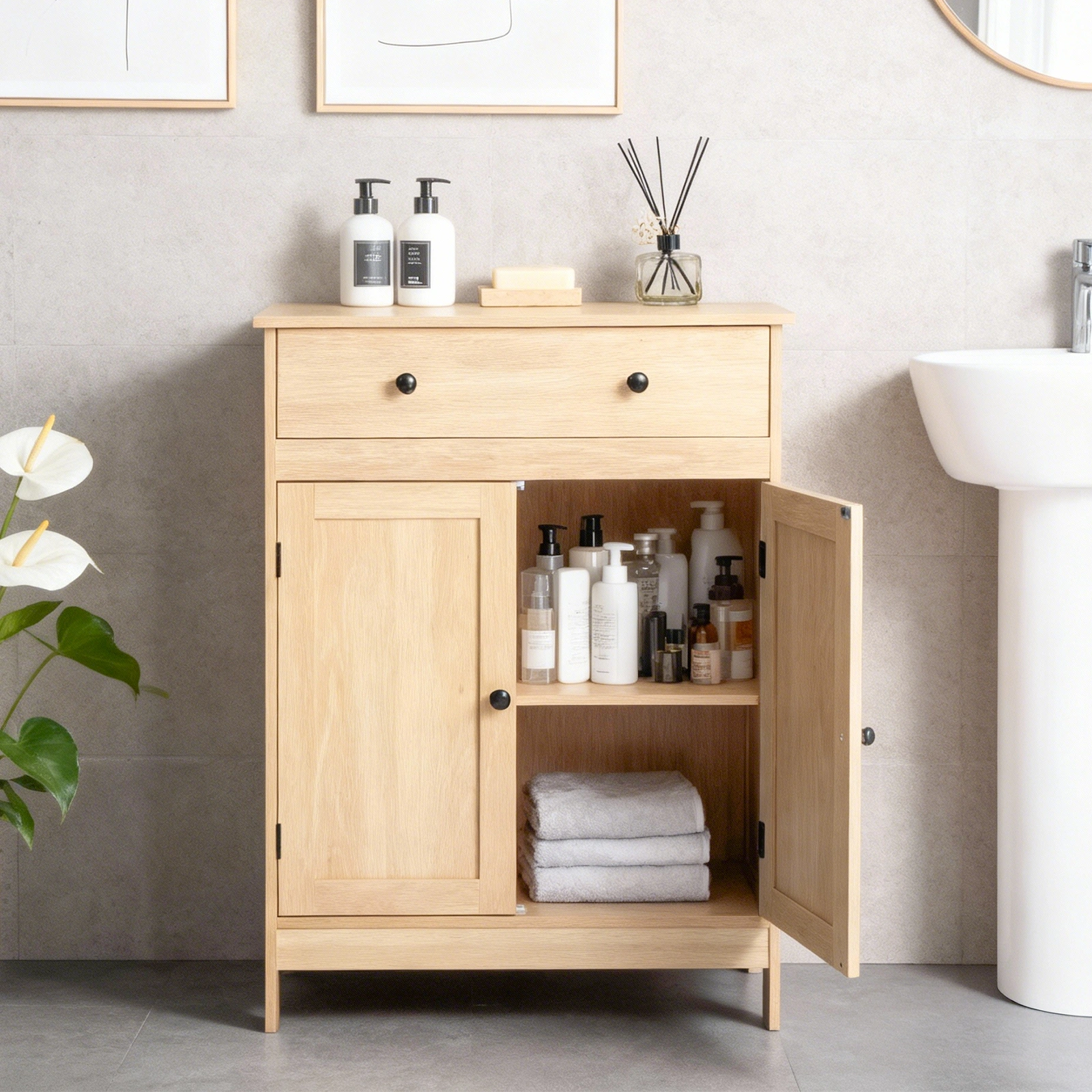 Natural wood color, particleboard with melamine veneer, 60*30*80cm, double doors, single drawer, bathroom vanity view 15