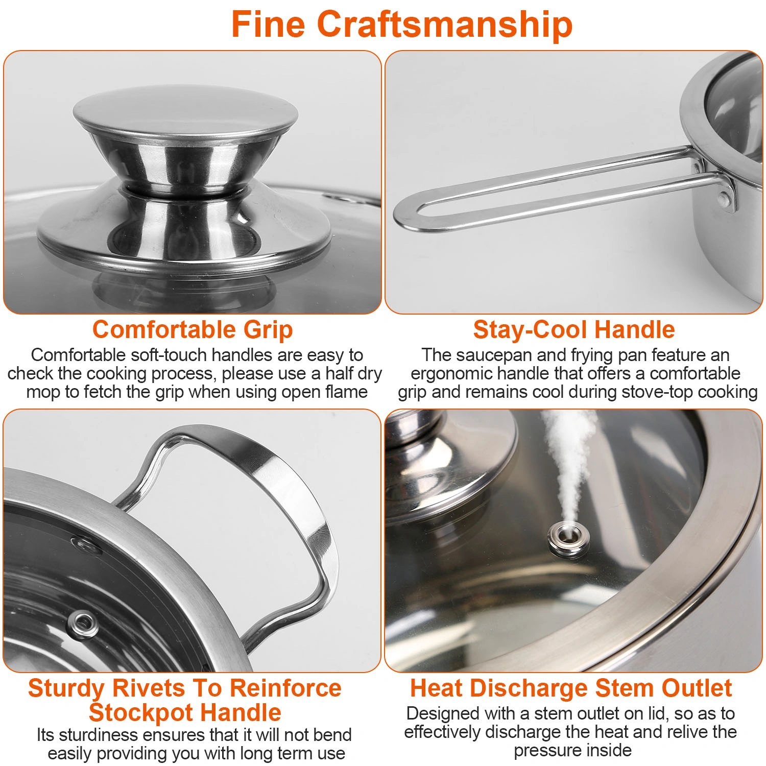 Stainless Steel Cookware Set Fast Even Heat Induction Pots Pans Set Dishwasher Safe with 2.7/3.7 Quart Stockpot 2 Quart Saucepan 9.17in Frying Pan(No shipments on weekends) view 3