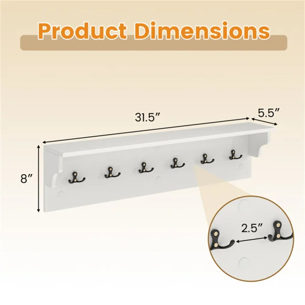 Wall Mount Coat Rack with Shelf - 31.5"x5.5"x8", 6 Hooks & 110LBS Capacity (White) view 5