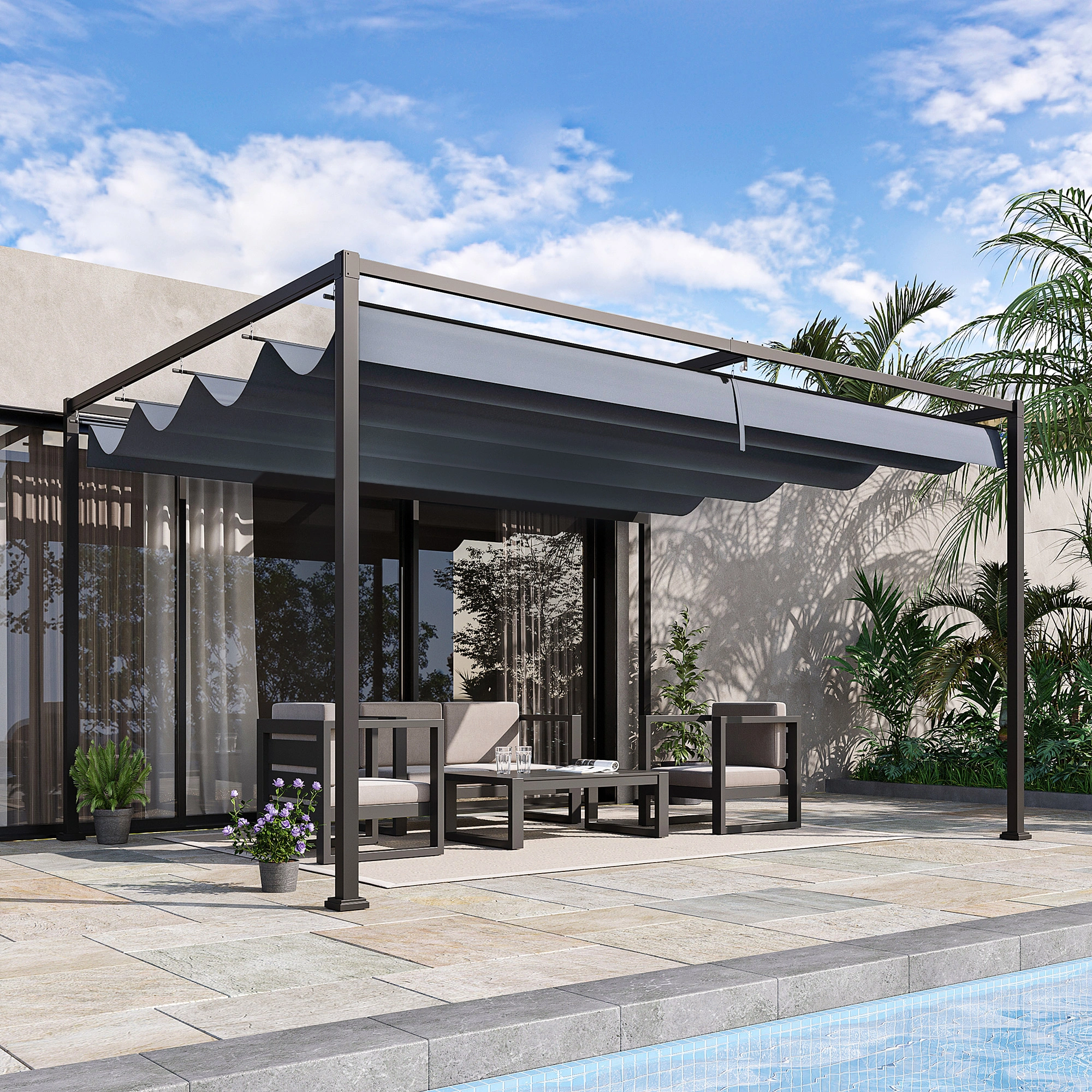 Outdoor Patio Gazebo 3x3m, Heavy Duty Steel Pergola with Removable Mesh Walls & Polycarbonate Roof, Weather Resistant Garden Shade Canopy, White
