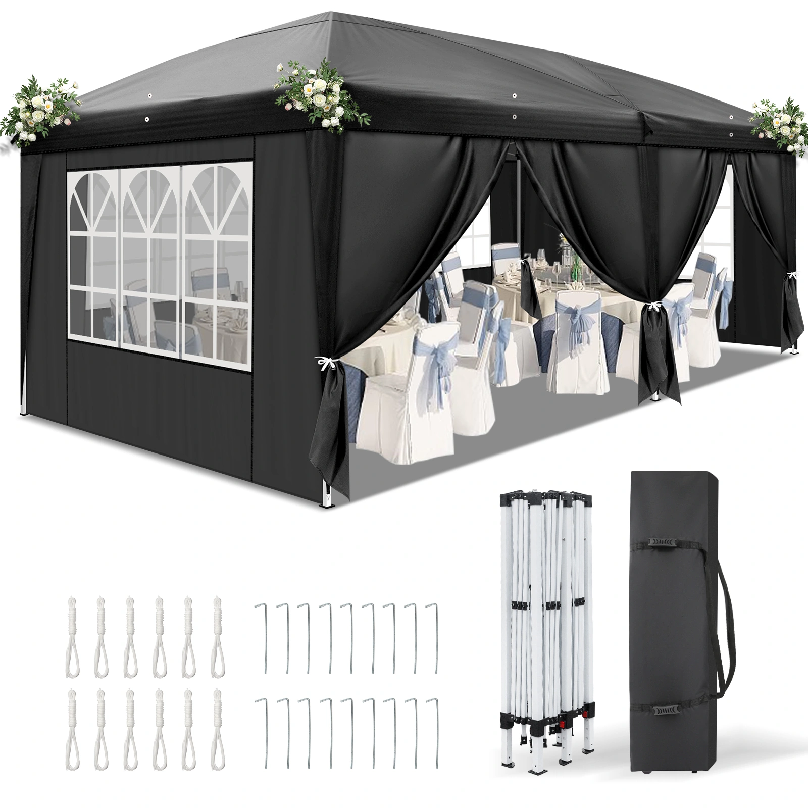 10x20' Pop Up Canopy Tent Black, Instant Outdoor Gazebo with 6 Panels 2 Doors 4 Mesh Windows, Powder Coated Steel Frame, 210D Oxford Fabric with Carry Bag view 2