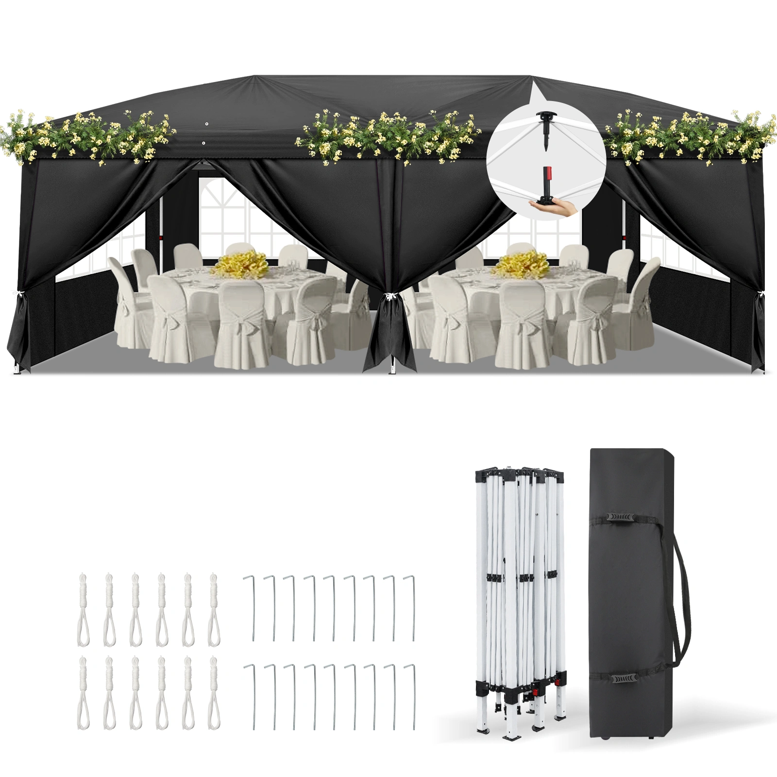 10x20' Pop Up Canopy Tent Black, Instant Outdoor Gazebo with 6 Panels 2 Doors 4 Mesh Windows, Powder Coated Steel Frame, 210D Oxford Fabric with Carry Bag view 3