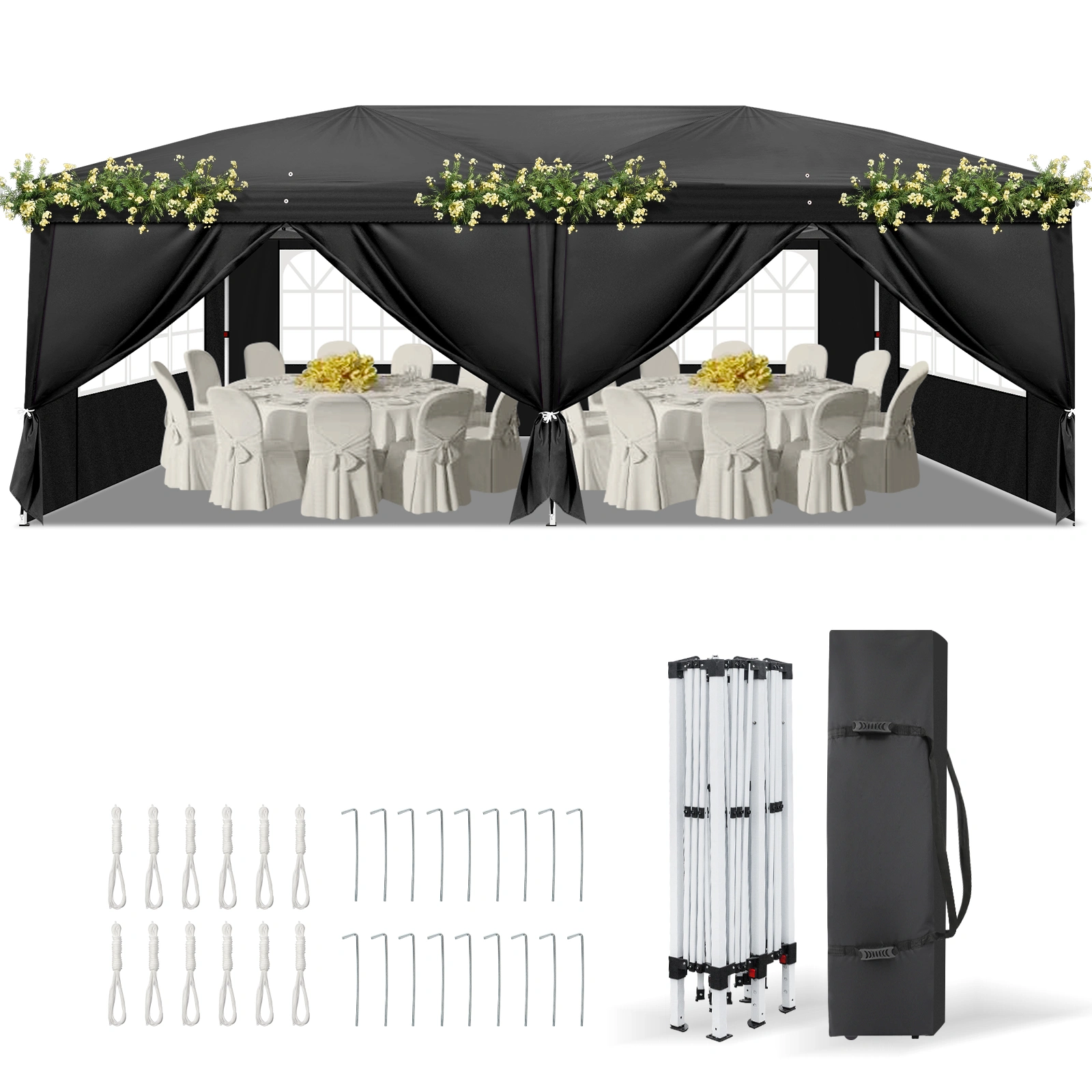10x20' Pop Up Canopy Tent Black, Instant Outdoor Gazebo with 6 Panels 2 Doors 4 Mesh Windows, Powder Coated Steel Frame, 210D Oxford Fabric with Carry Bag view 4