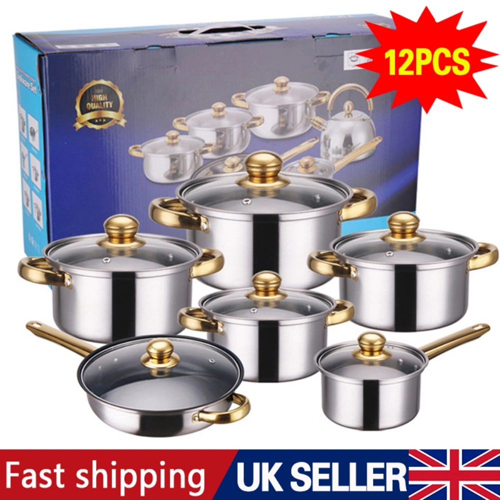 12Pc Stainless Steel Cookware Set Casserole Saucepan Stock Pot Induction view 2