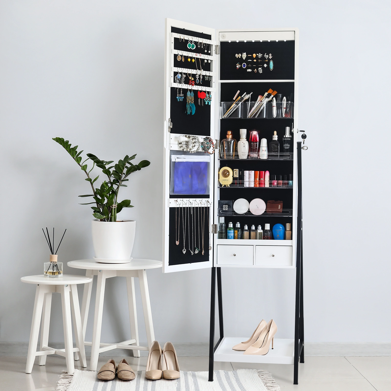 White Jewelry Storage Mirror Cabinet - Full Floor Mirror w/ 1 Shelf, 3-Color LED & 8 Interior Lamp Beads