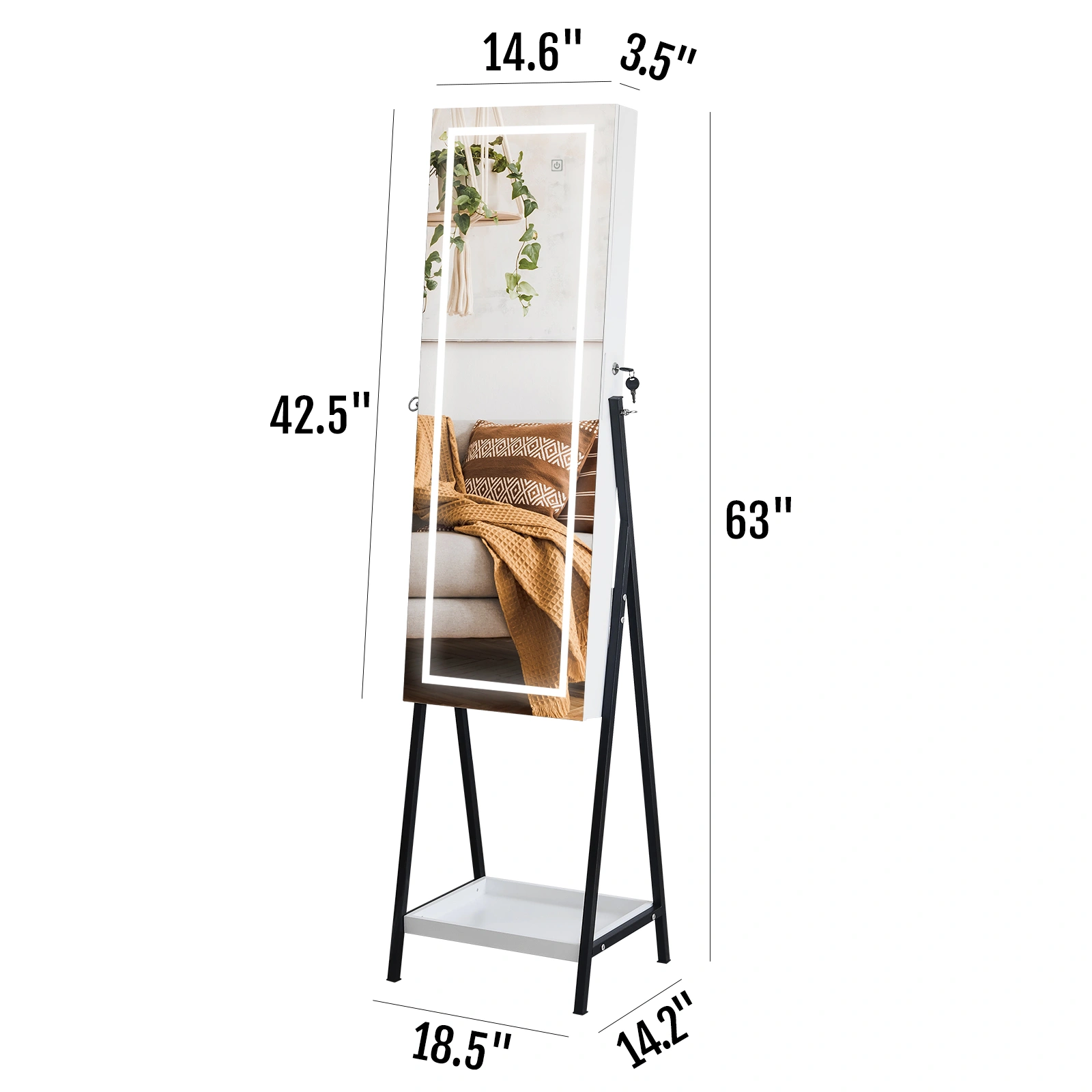 White Jewelry Storage Mirror Cabinet - Full Floor Mirror w/ 1 Shelf, 3-Color LED & 8 Interior Lamp Beads view 2