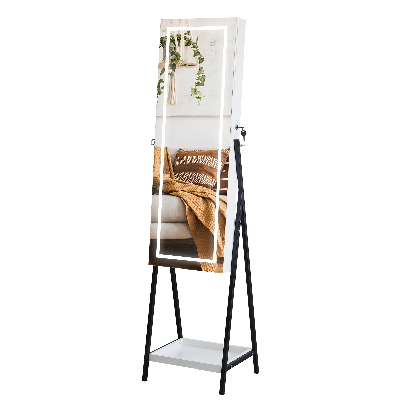 White Jewelry Storage Mirror Cabinet - Full Floor Mirror w/ 1 Shelf, 3-Color LED & 8 Interior Lamp Beads view 3