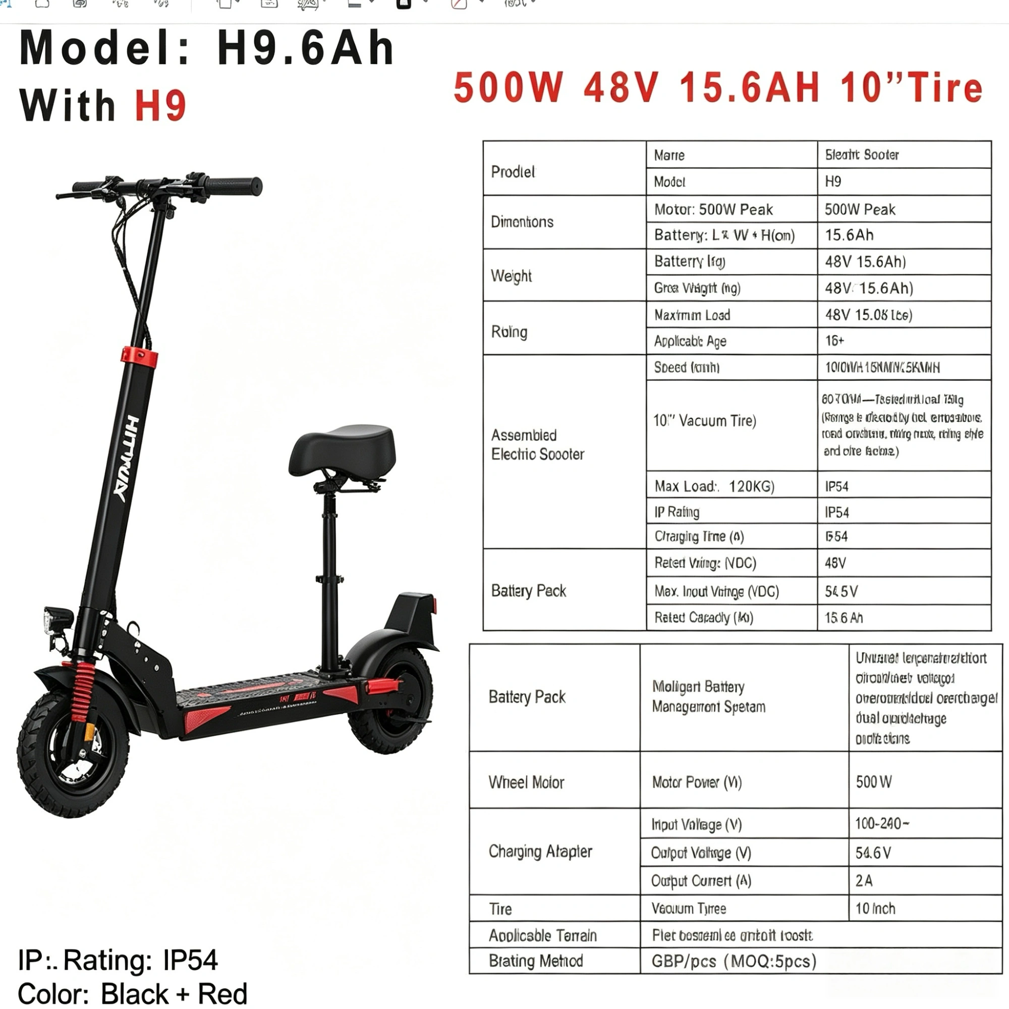 H9 Electric Scooter 500W Peak 48V 15.6Ah 10 Inch Vacuum Tire Foldable Adult E Scooter with Seat IP54 Waterproof UK Stock view 2
