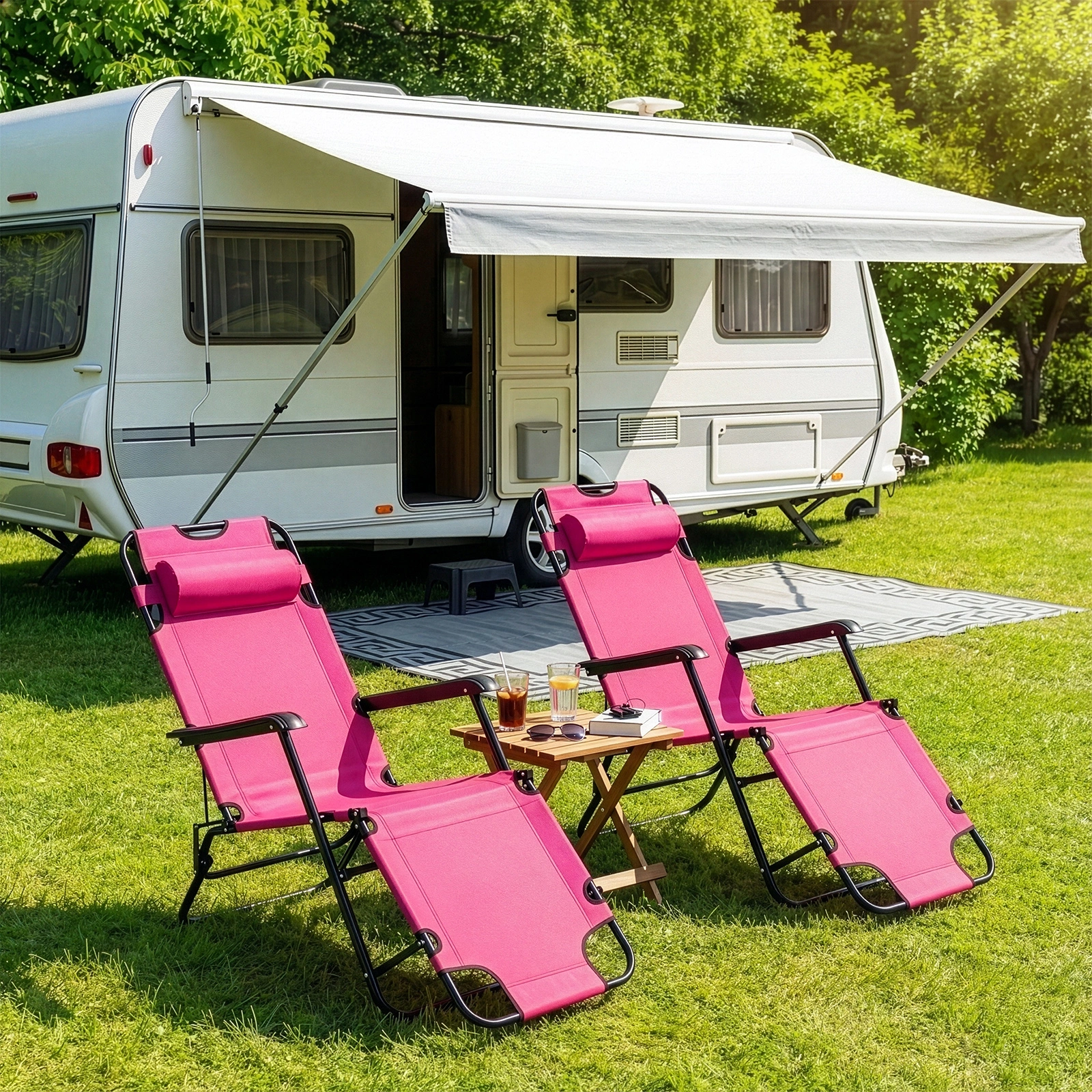 Portable Dual Purposes Extendable Folding Reclining Chair Pink view 12