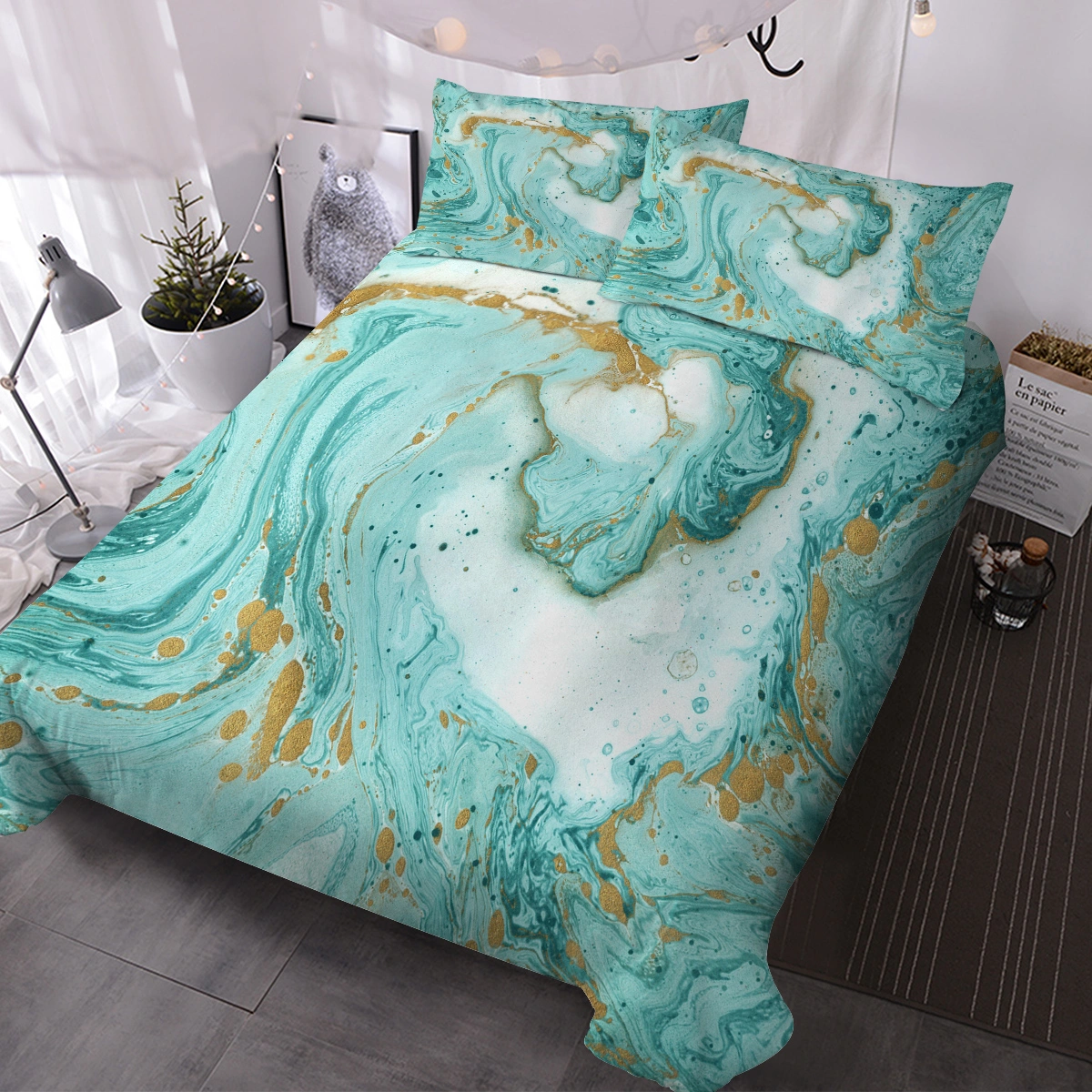 Chic Girly Marble Duvet Cover Single Mint Gold Glitter Turquoise Aqua Teal Blue Abstract Comforter Set