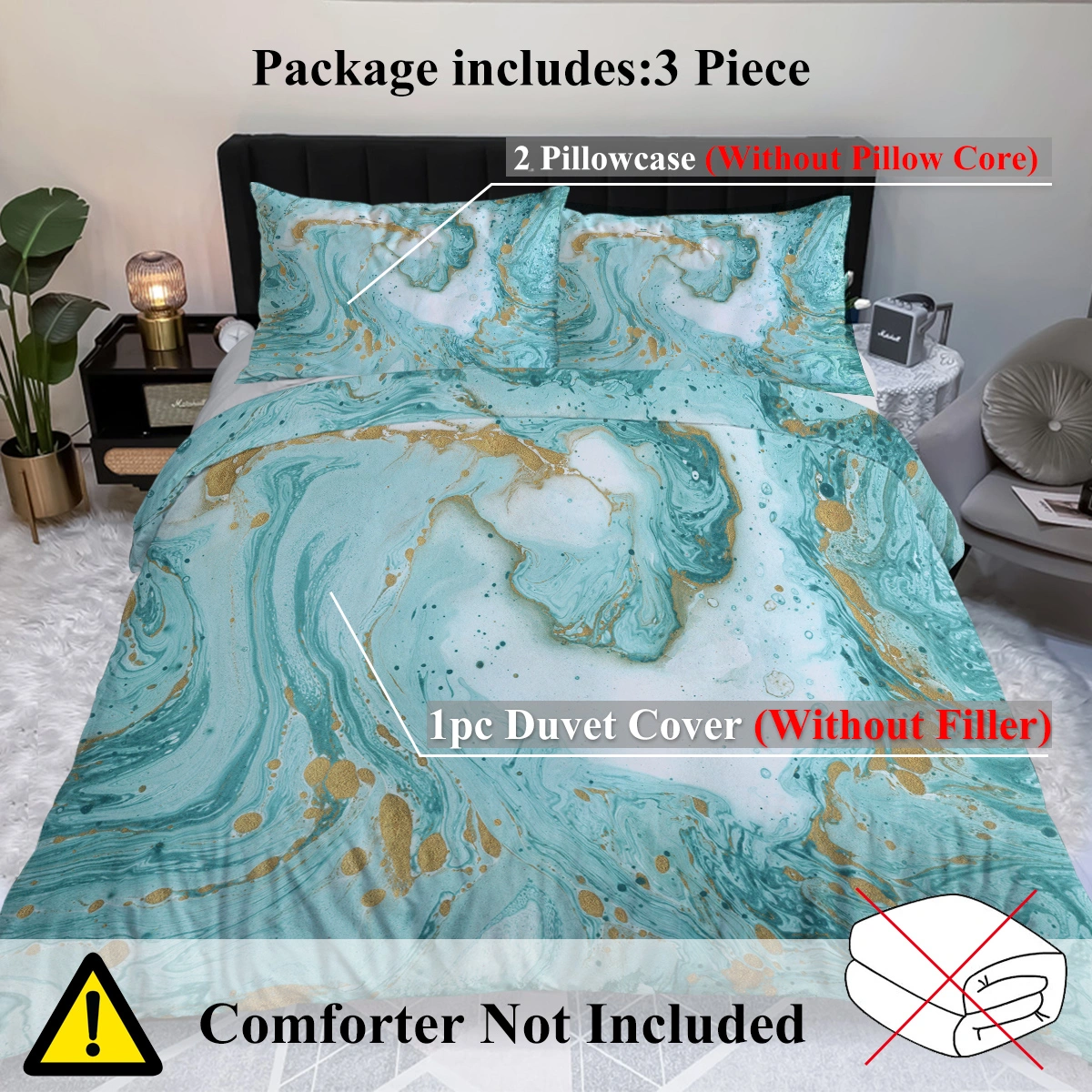 Chic Girly Marble Duvet Cover Single Mint Gold Glitter Turquoise Aqua Teal Blue Abstract Comforter Set view 4
