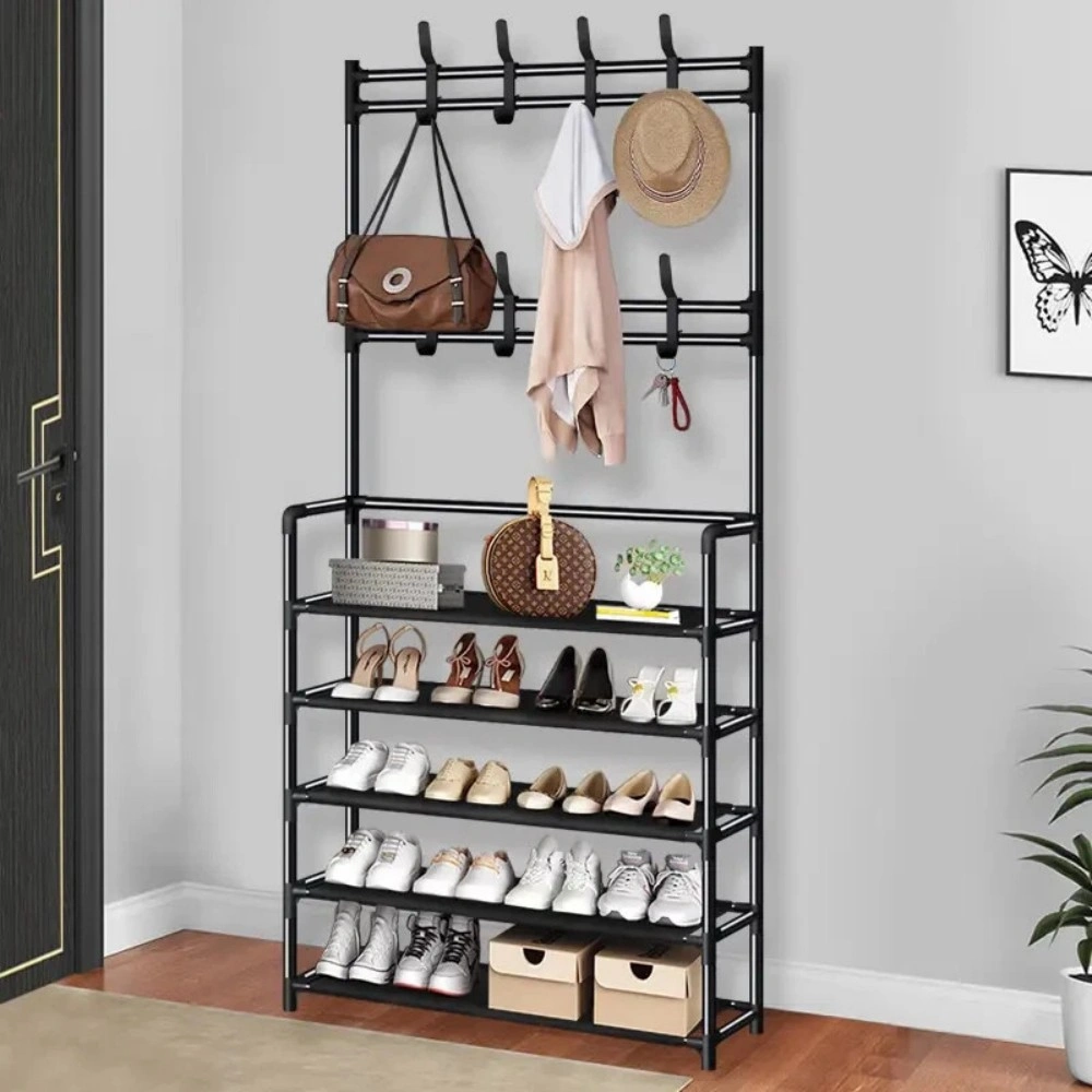 New Coat and Hat Stand 8 Hooks Metal Shoe Rack 5 Tiers Shelf Hanger Black view 3
