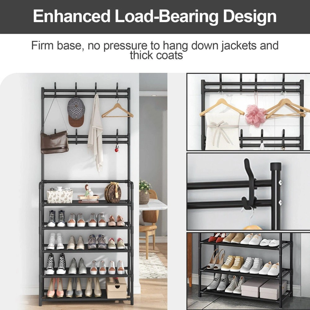 New Coat and Hat Stand 8 Hooks Metal Shoe Rack 5 Tiers Shelf Hanger Black view 5