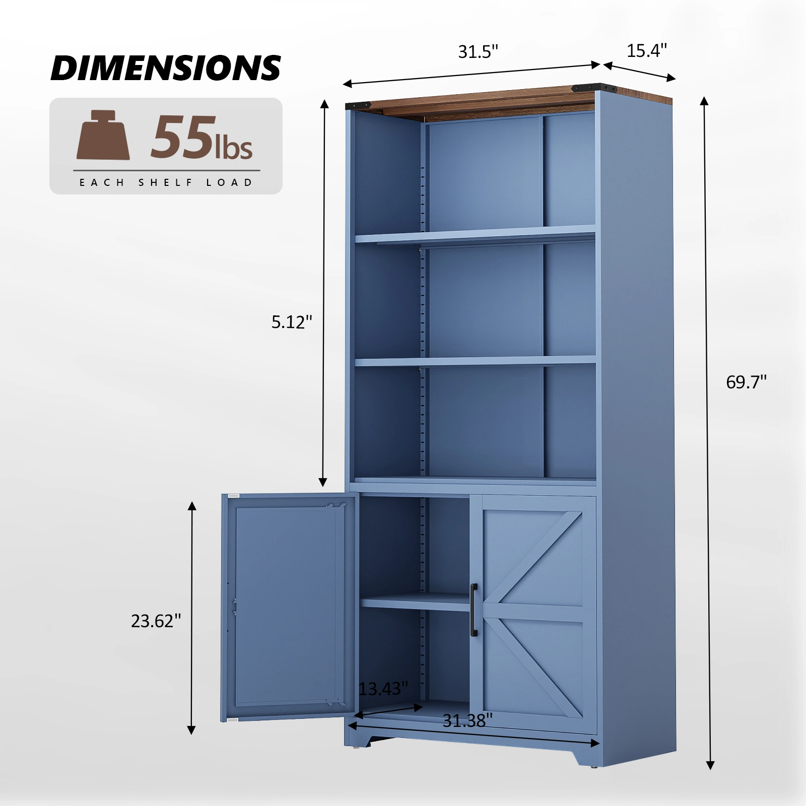 Barn door 3-tier display case, 69.7 × 31.5 × 15.4 inches, steel display case with vintage blue and contrasting wood grain view 3