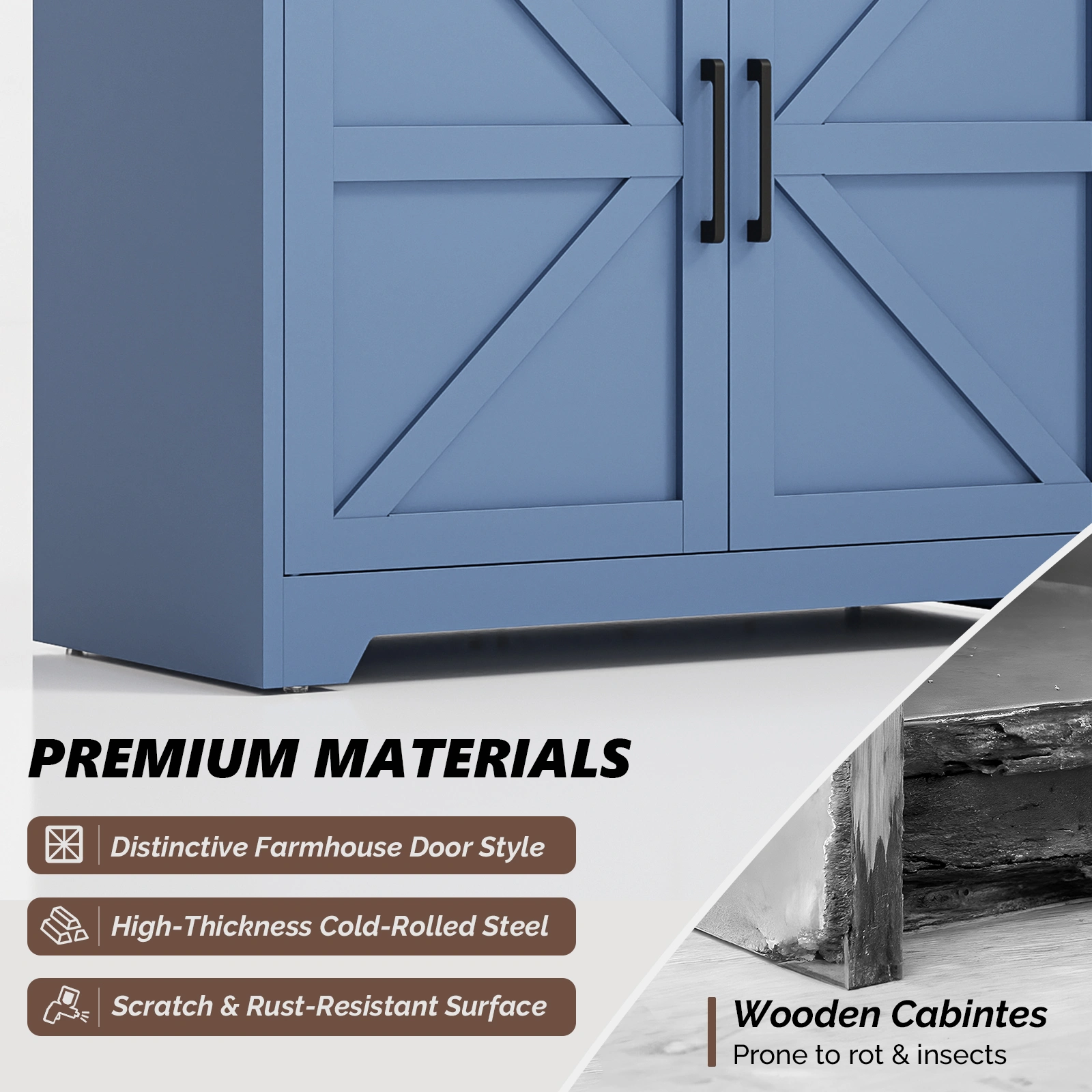 Barn door 3-tier display case, 69.7 × 31.5 × 15.4 inches, steel display case with vintage blue and contrasting wood grain view 6