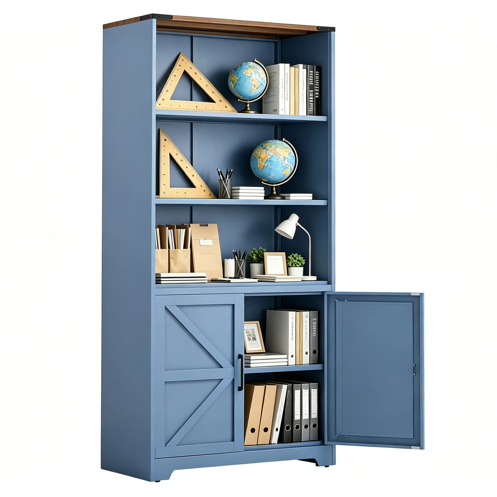 Barn door 3-tier display case, 69.7 × 31.5 × 15.4 inches, steel display case with vintage blue and contrasting wood grain view 7