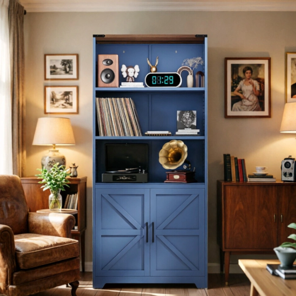 Barn door 3-tier display case, 69.7 × 31.5 × 15.4 inches, steel display case with vintage blue and contrasting wood grain view 8